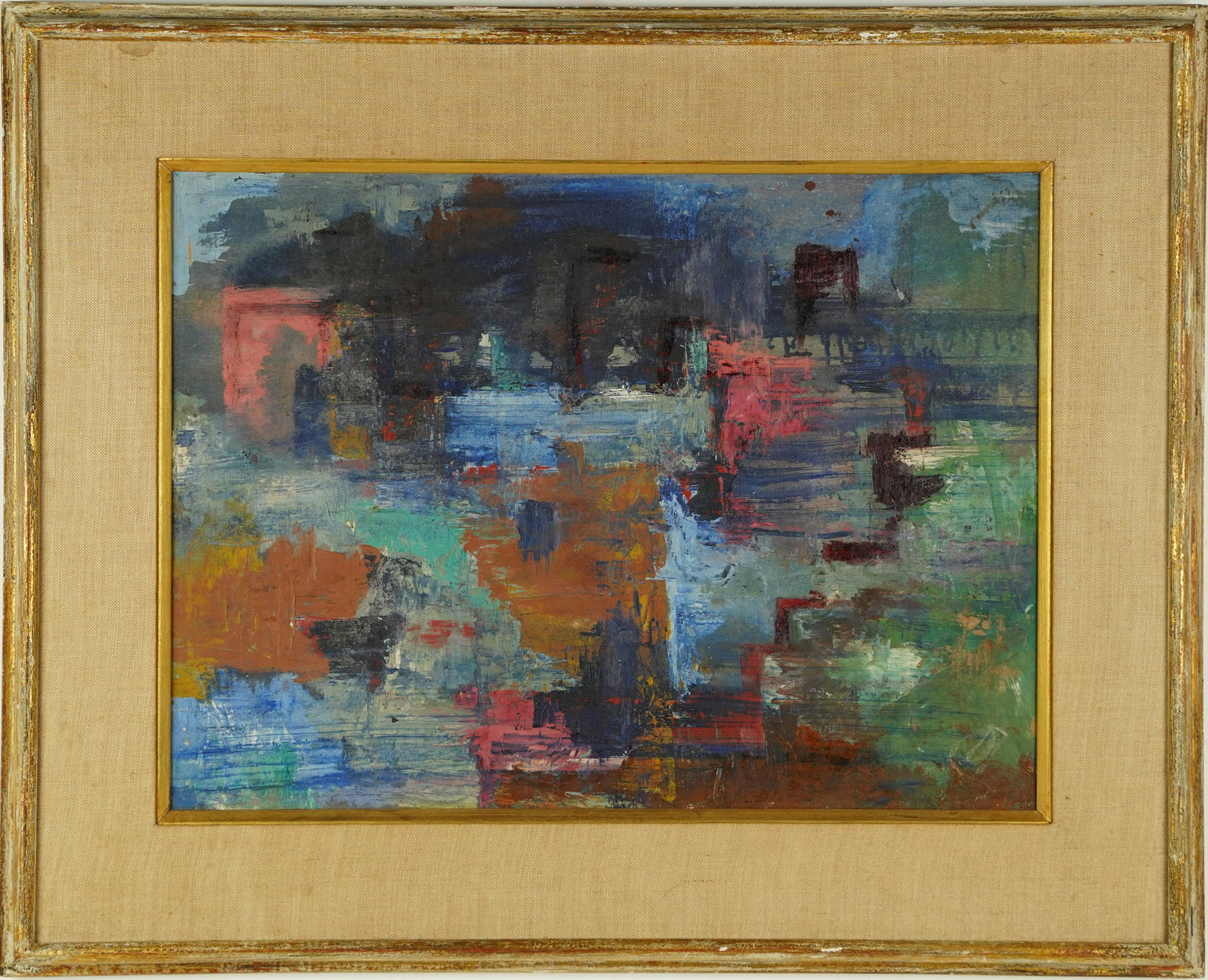 Vintage Abstract Expressionist Original New York City Framed Oil Painting: Oil on board. Framed. Image size, 24L x 18H.