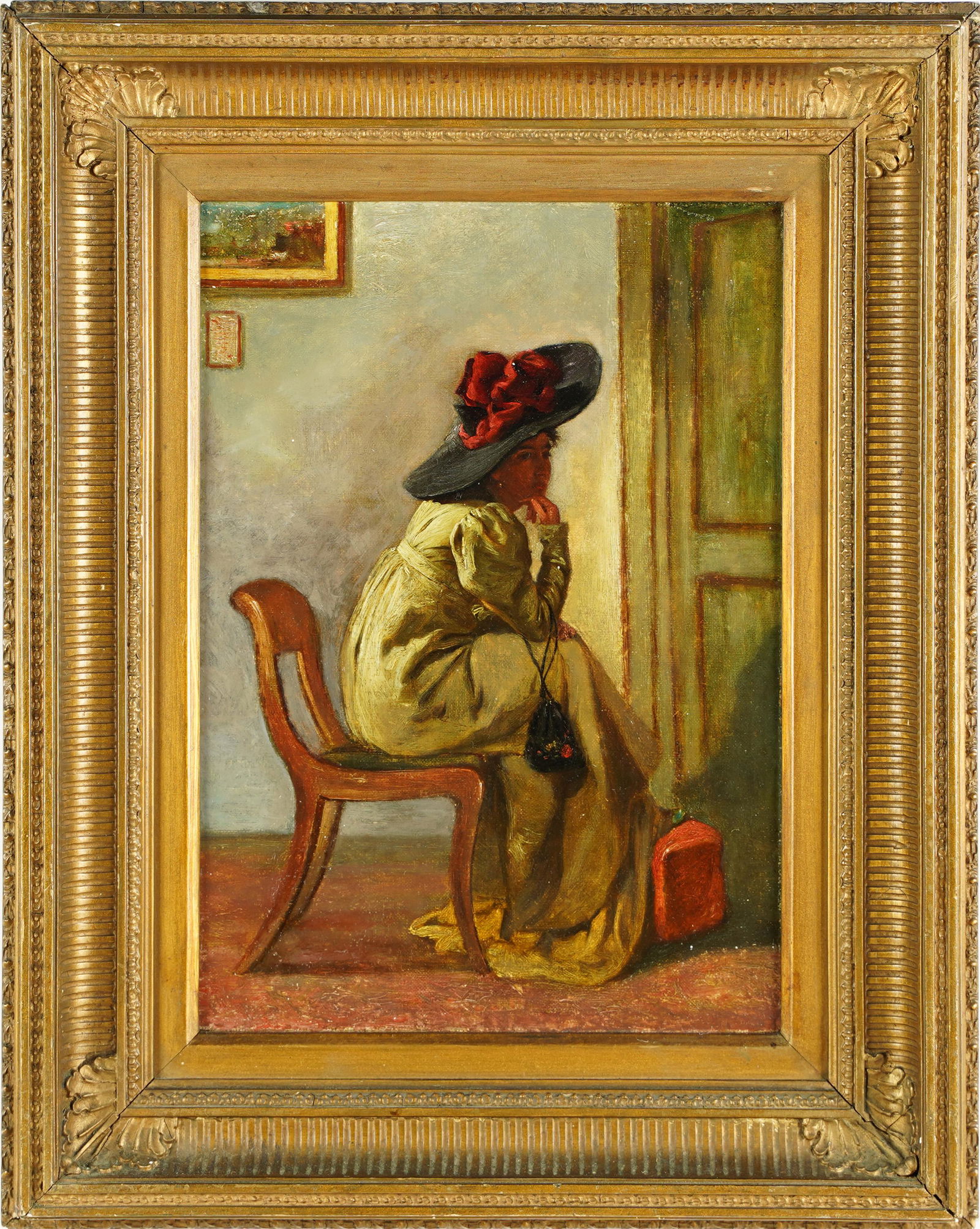 Antique American School interior Portrait Young Fancy Woman Oil Painting (1 of 6)