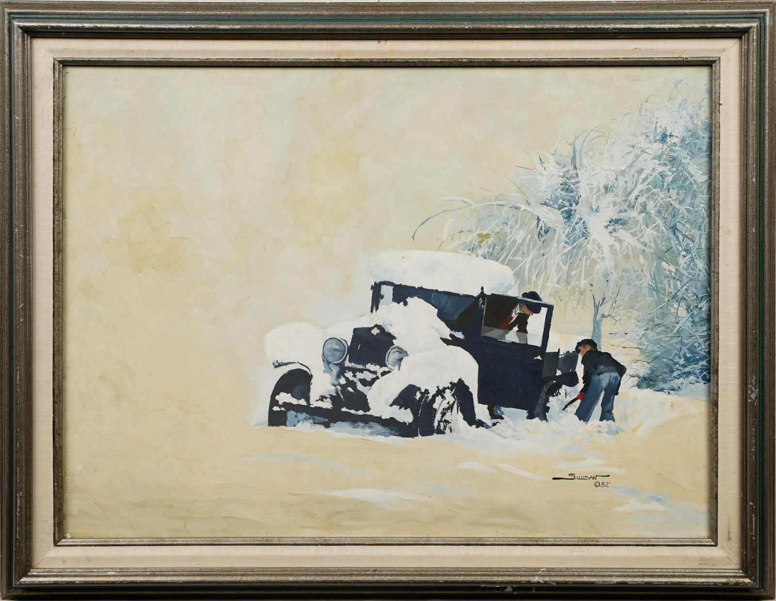 Vintage American School Classic Car Stuck in Winter Snow Signed Oil Painting (1 of 7)