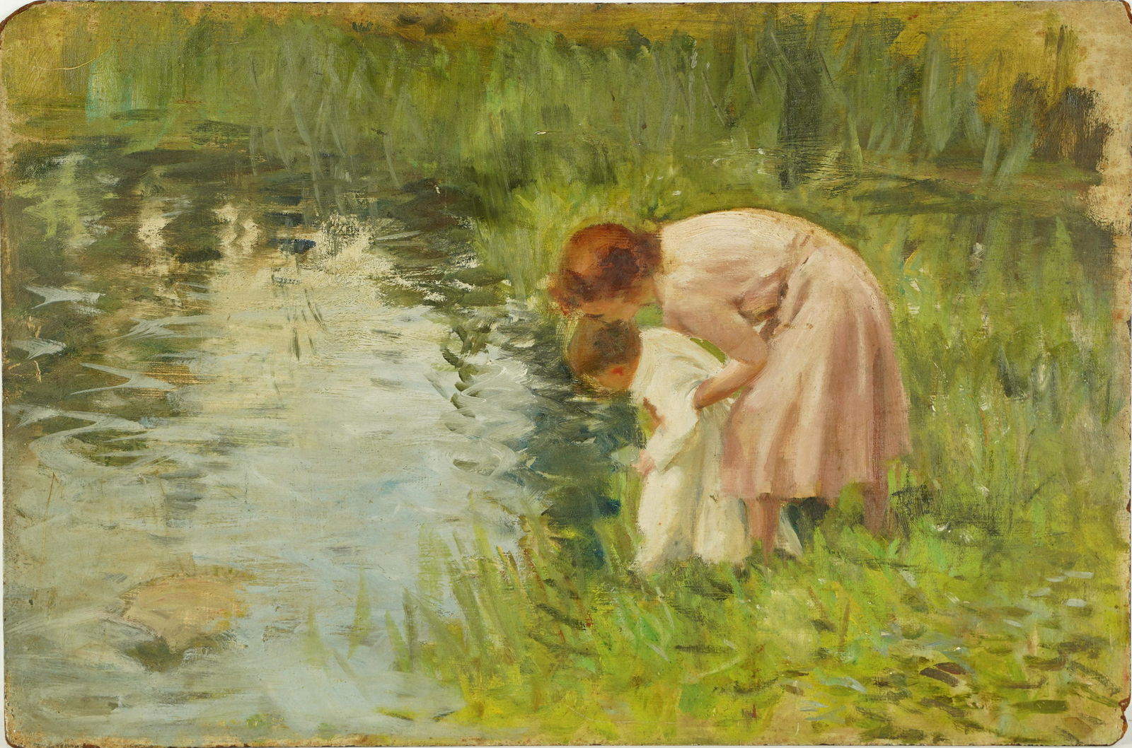 Carl Hirschberg Fine Quality American Impressionist Mother and Child River Landscape Oil Painting (1 of 5)
