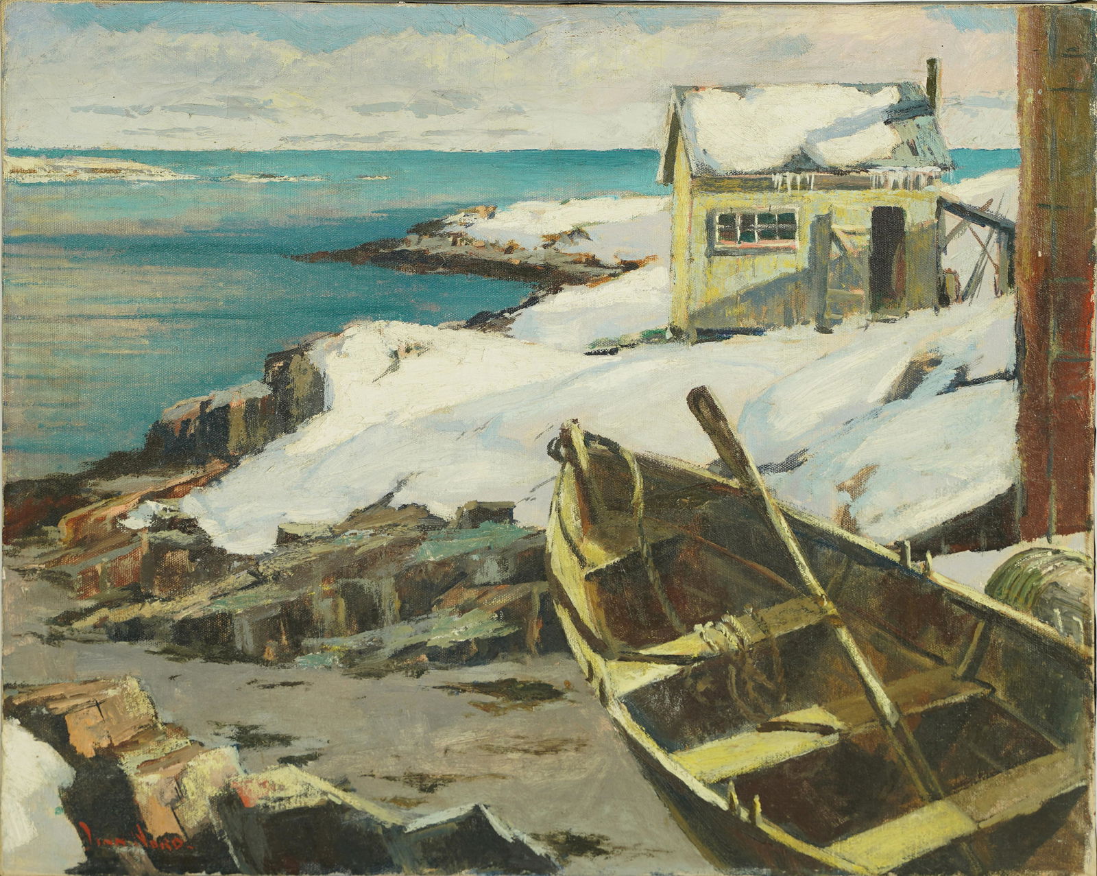 Finely Painted Panoramic American School Winter Fishing Harbor Signed Rare Oil Painting (1 of 5)