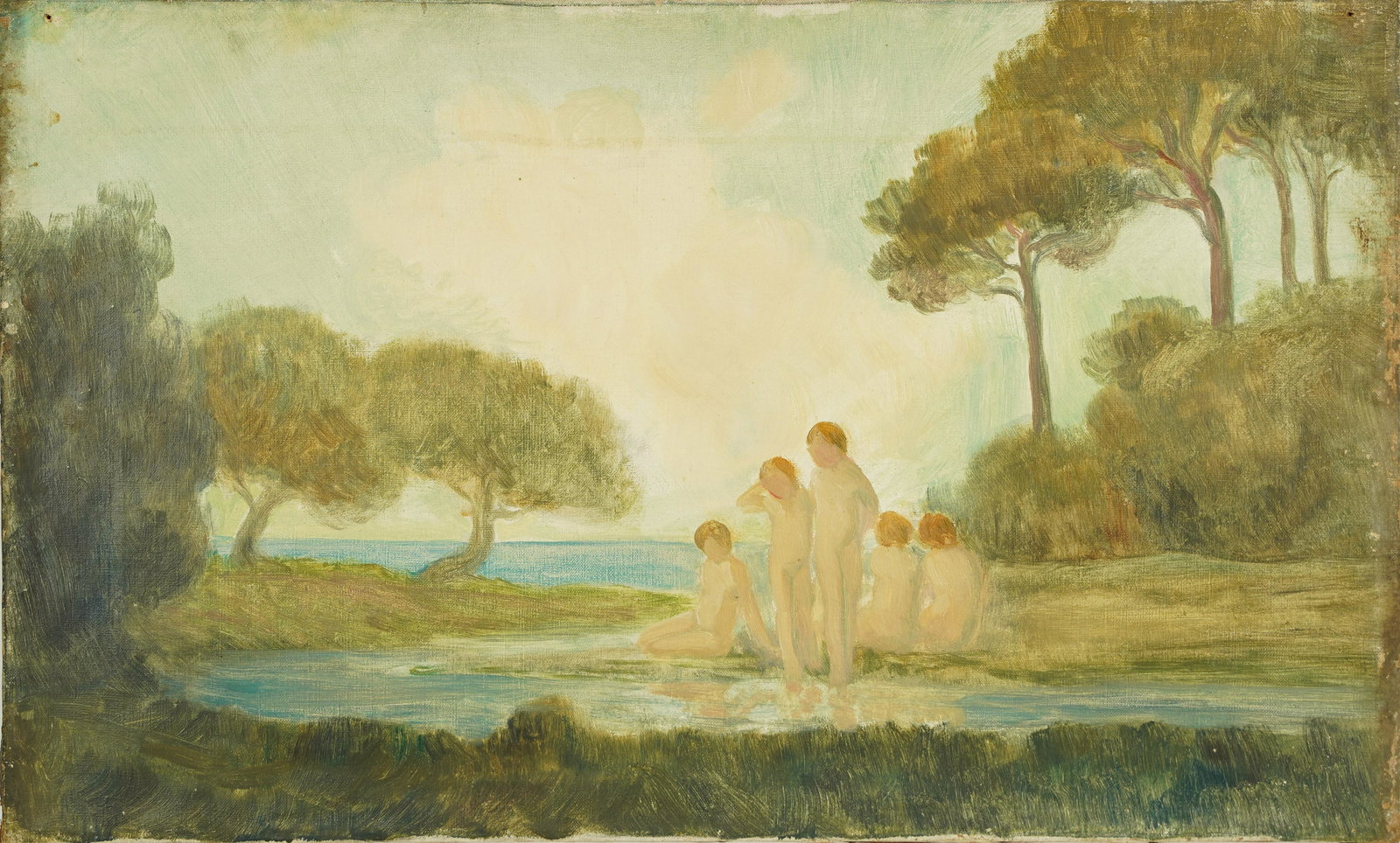 Antique American Impressionist Nude Figures Seaside Ocean Original Oil Painting: Oil on canvas. Unframed. Image size, 20L x 12H.