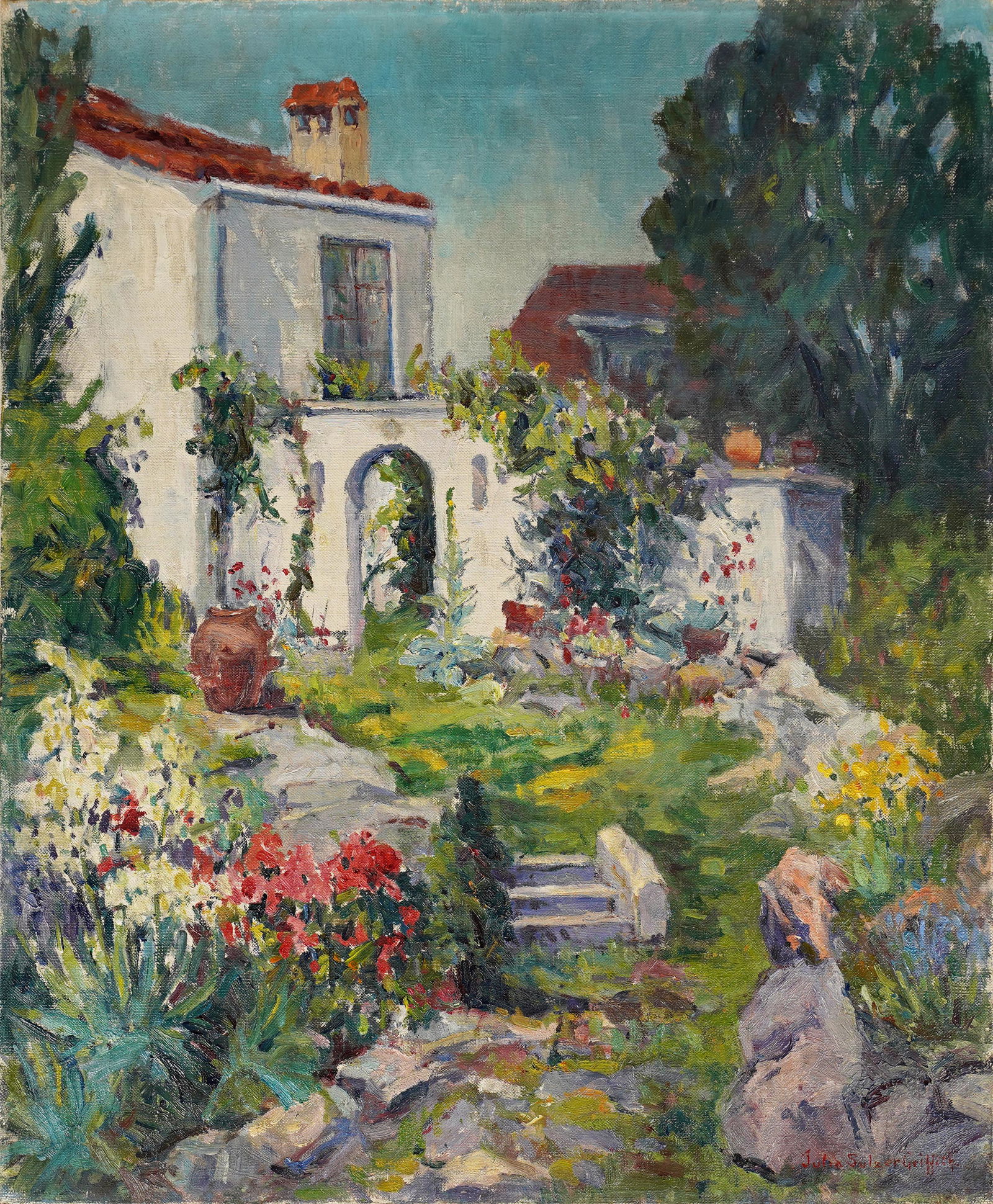 Antique American Impressionist Female Chicago Artist Signed Flower Garden Oil Painting (1 of 5)