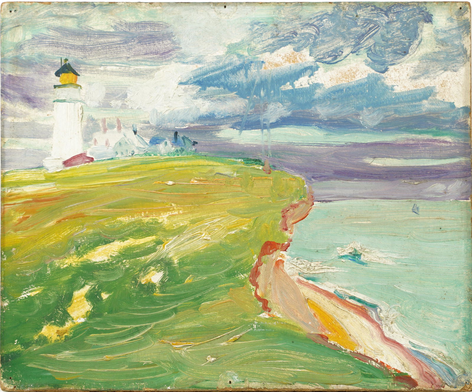 Antique American School Modernist Coastal Seascape Lighthouse Original Oil Painting (1 of 4)