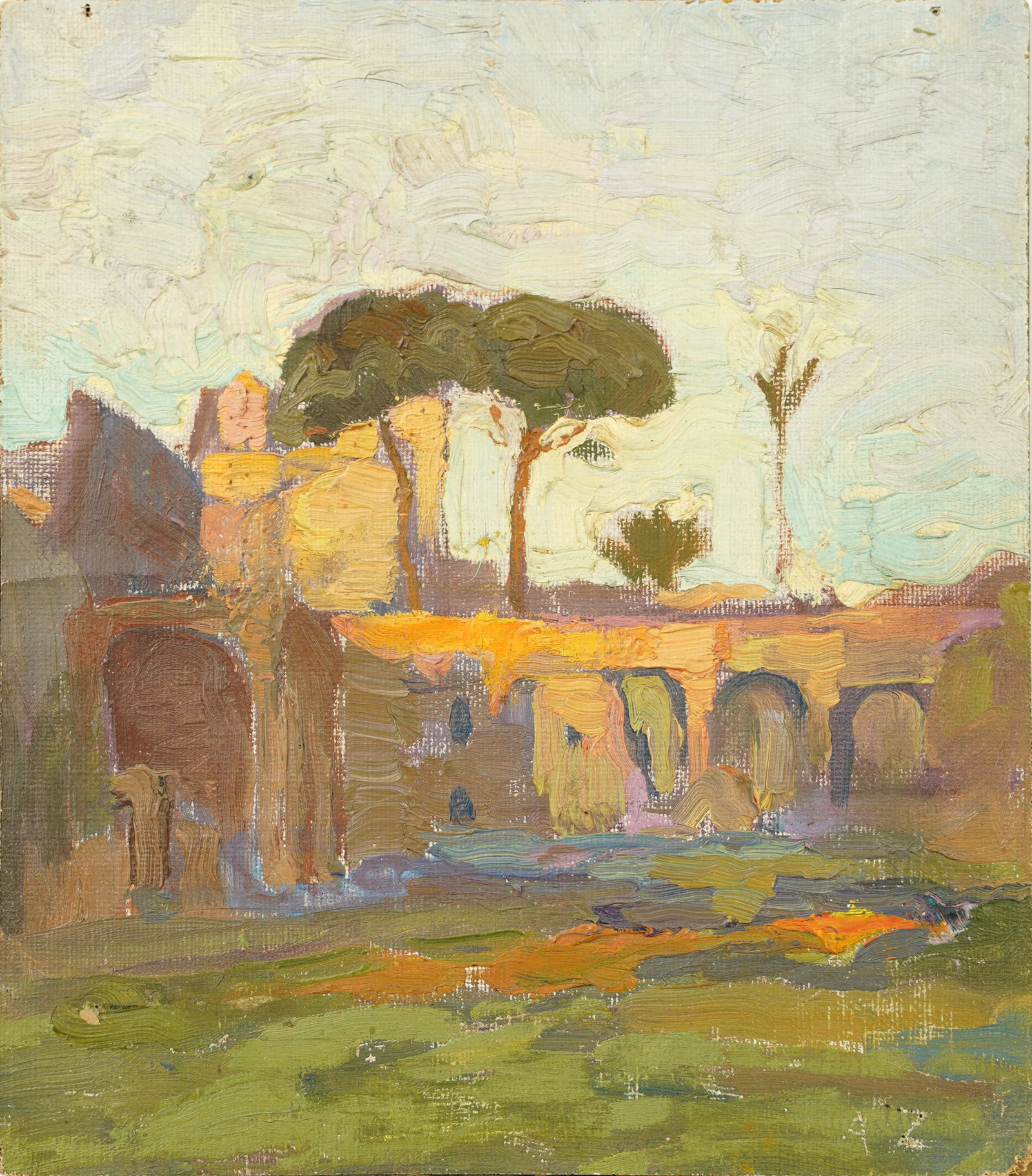 Antique Italian Impressionist Sunset Ruins Monogrammed Landscape Oil Painting: Oil on board. Signed. Image size, 7.5L x 8.5H.