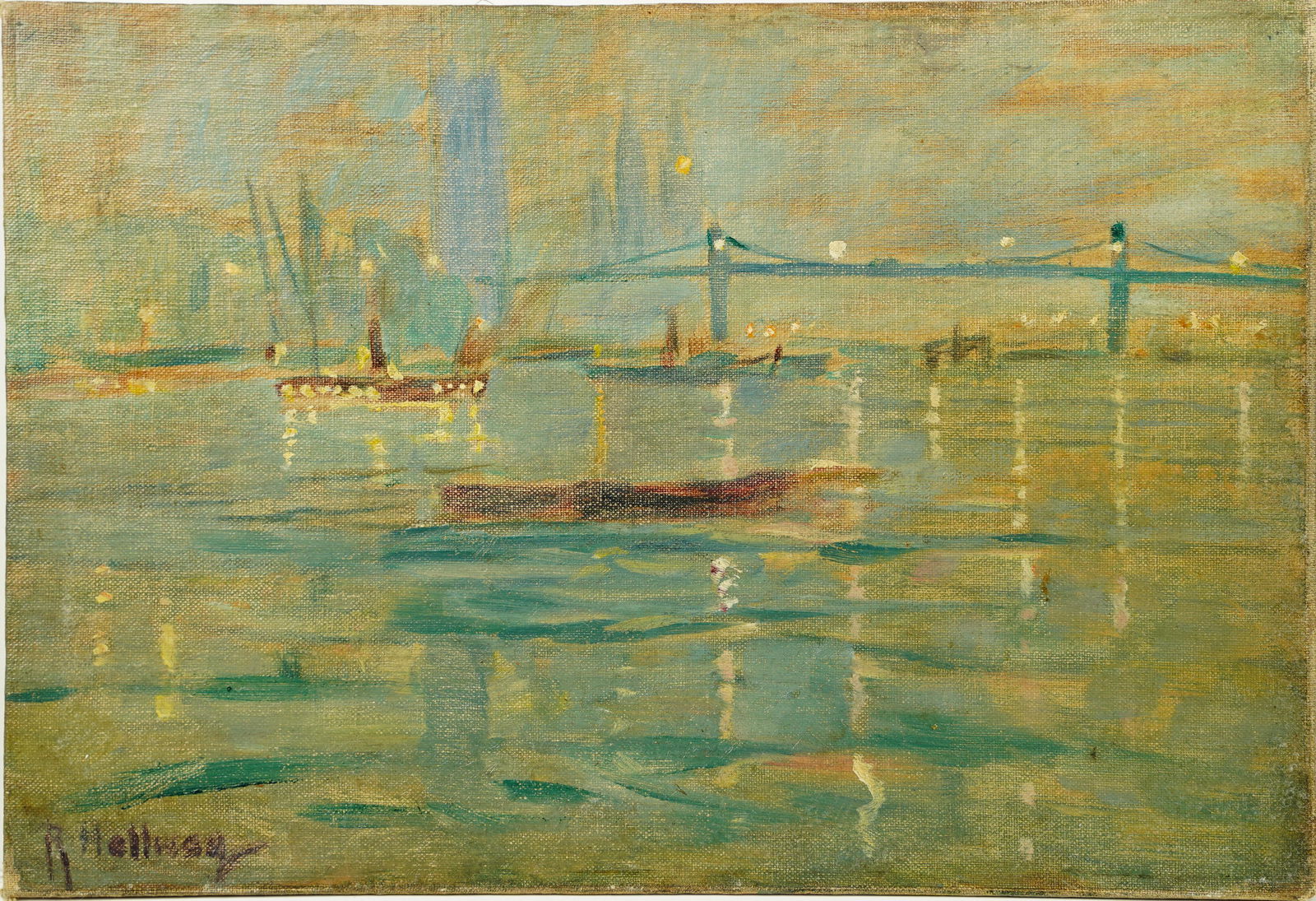 Antique English London Nocturnal Cityscape Moonlit Reflecting Water Signed Oil Painting (1 of 5)