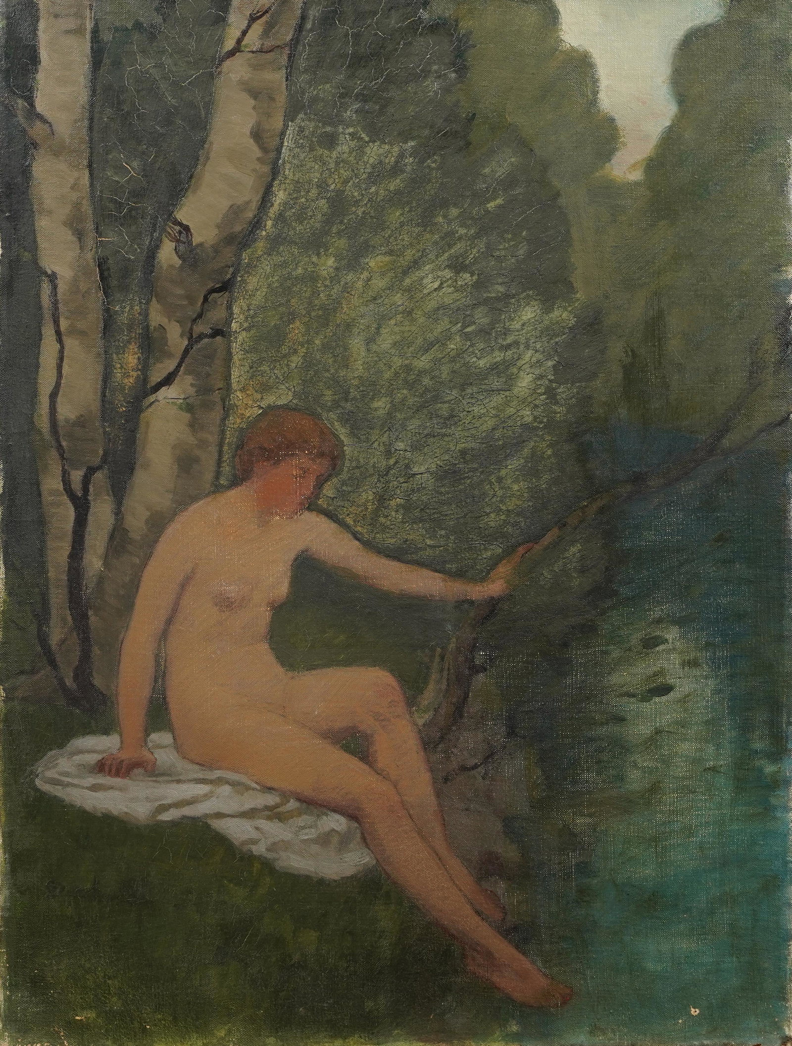 Large Antique American Impressionist Nude Woman Bathing 19th Century Landscape Oil Painting: Oil on canvas. Image size, 24H x 18L.
