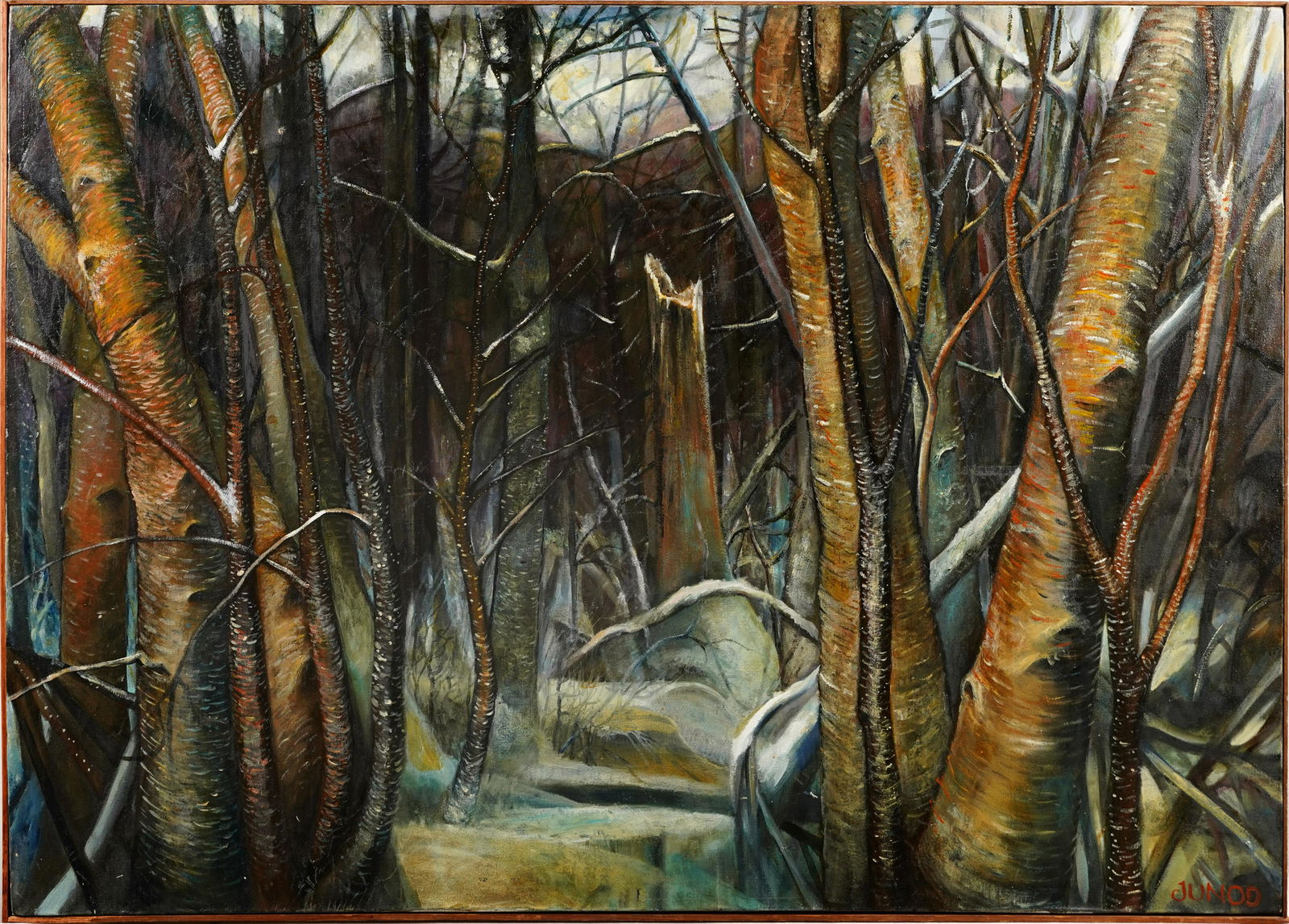 Large Signed American Modernist Forest Interior Landscape Oil Painting (1 of 6)