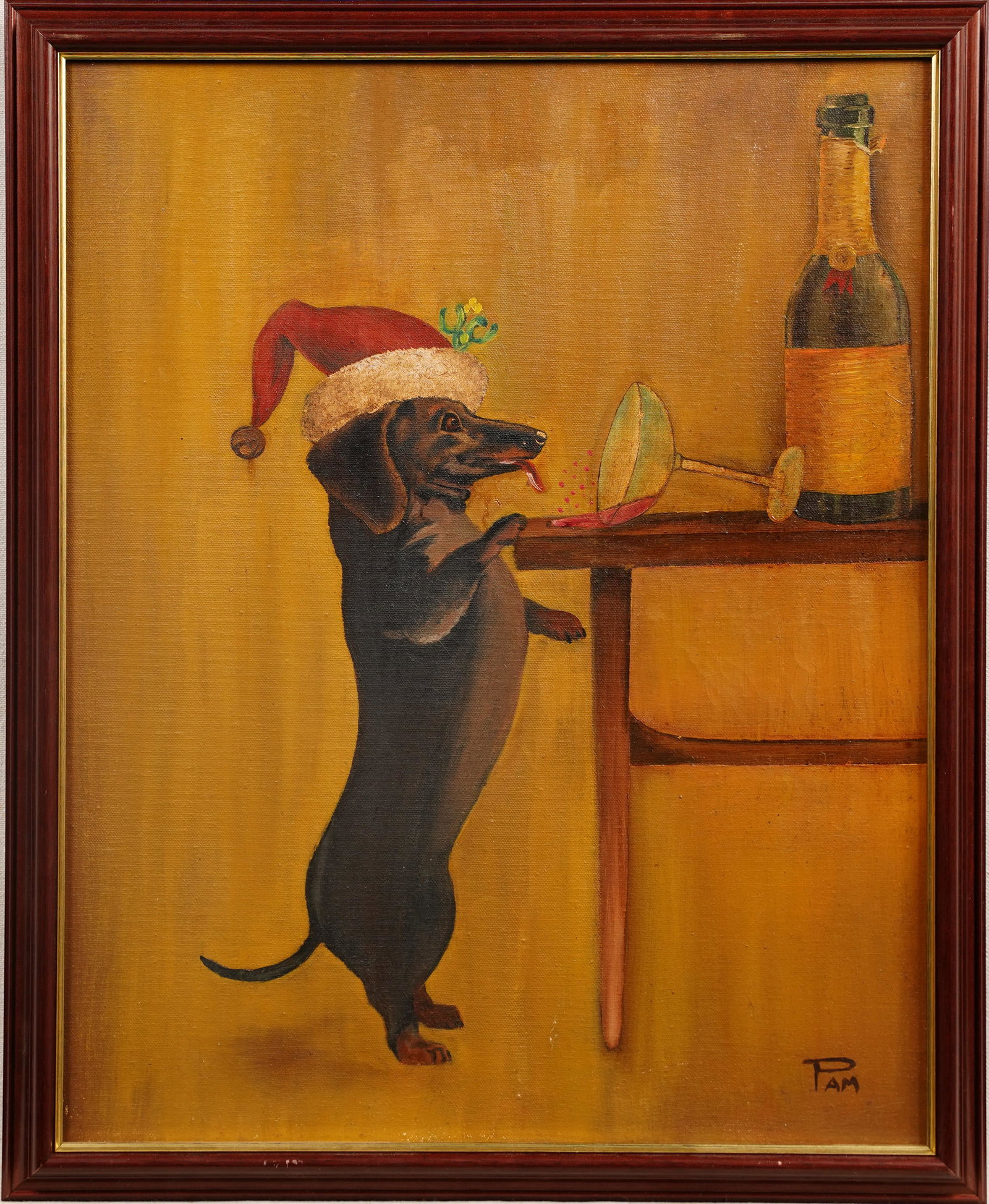 Amazing American School Once In a Lifetime Wine Drunk Christmas Dachshund Dog Oil Painting: Oil on canvas. Signed. Framed. Image size, 19H x 14L.