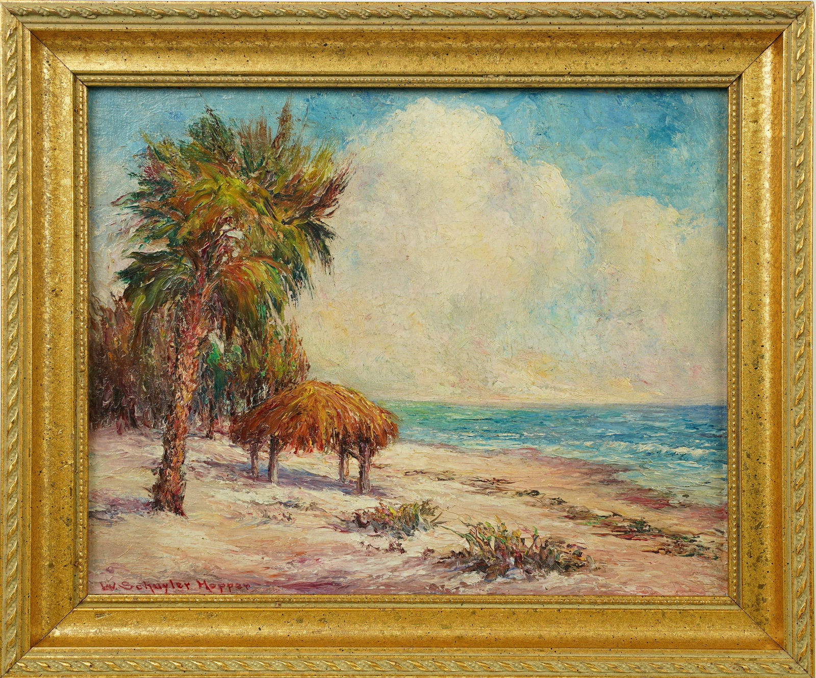 Antique Florida Scene Tropical Palm Tree Beach Framed Signed Oil Painting (1 of 7)