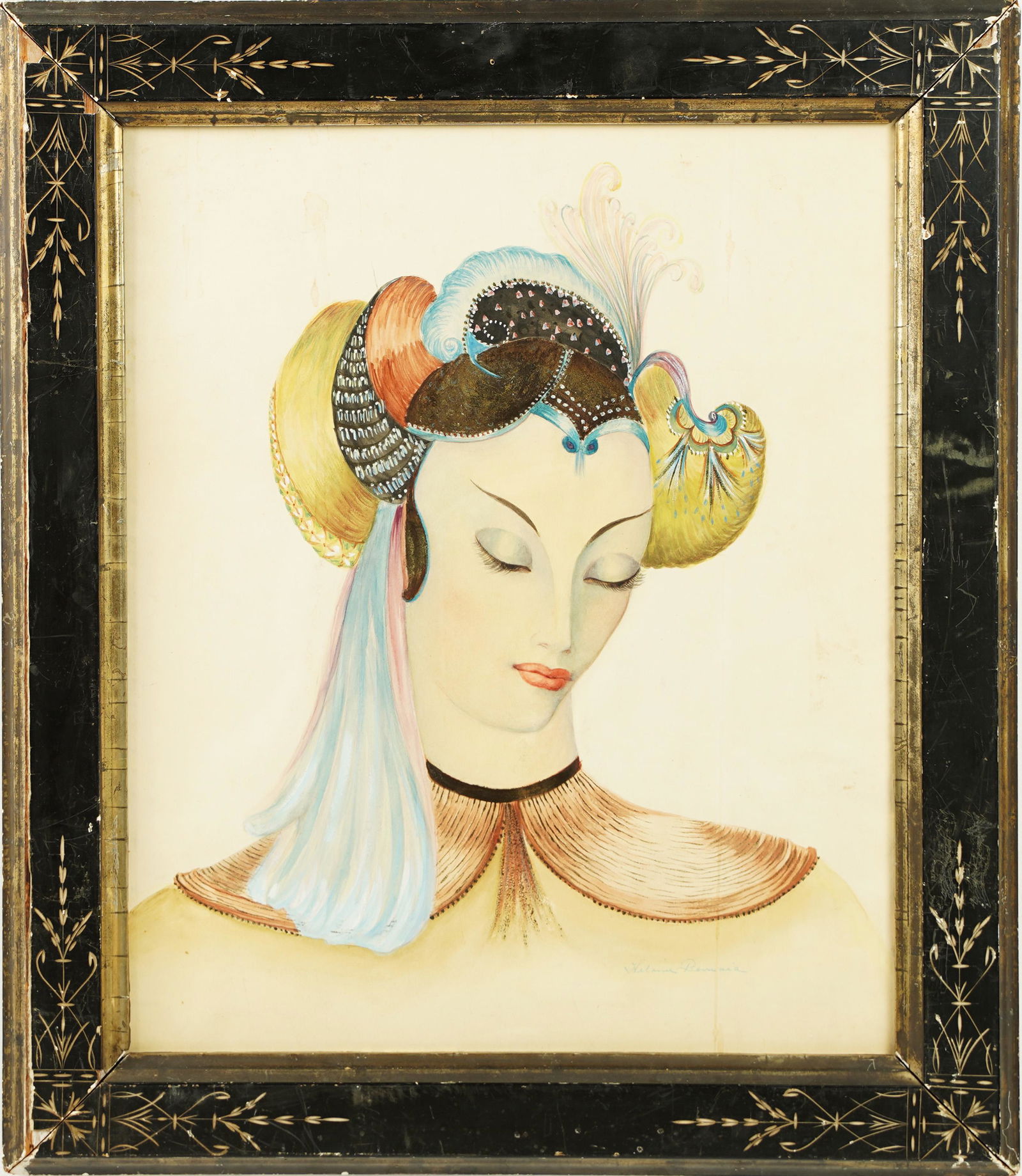 Antique Art Deco Young Beautiful Woman Original Framed Portrait Painting (1 of 6)