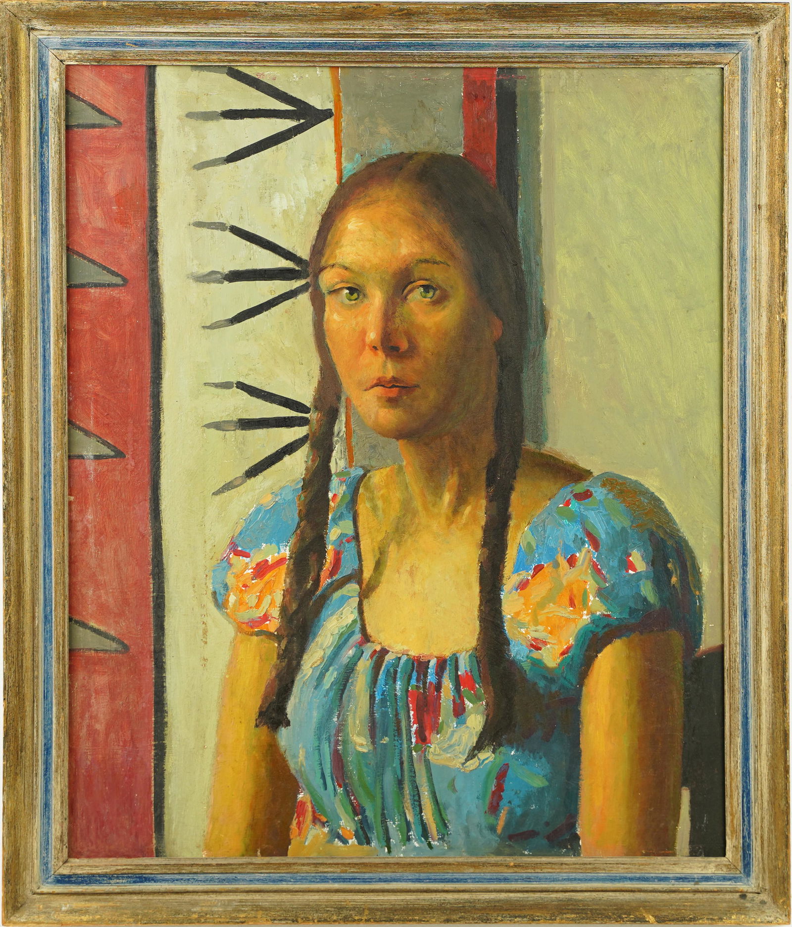 Antique American School Young Native American Western Taos School Portrait Oil Painting (1 of 5)