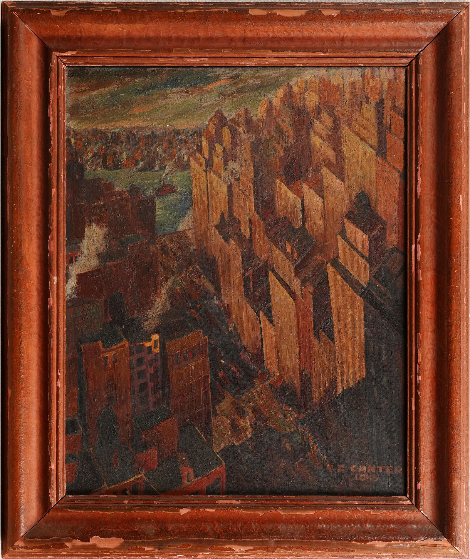 Antique American Large Modernist WPA New York City Signed Panoramic Framed Oil Painting (1 of 6)