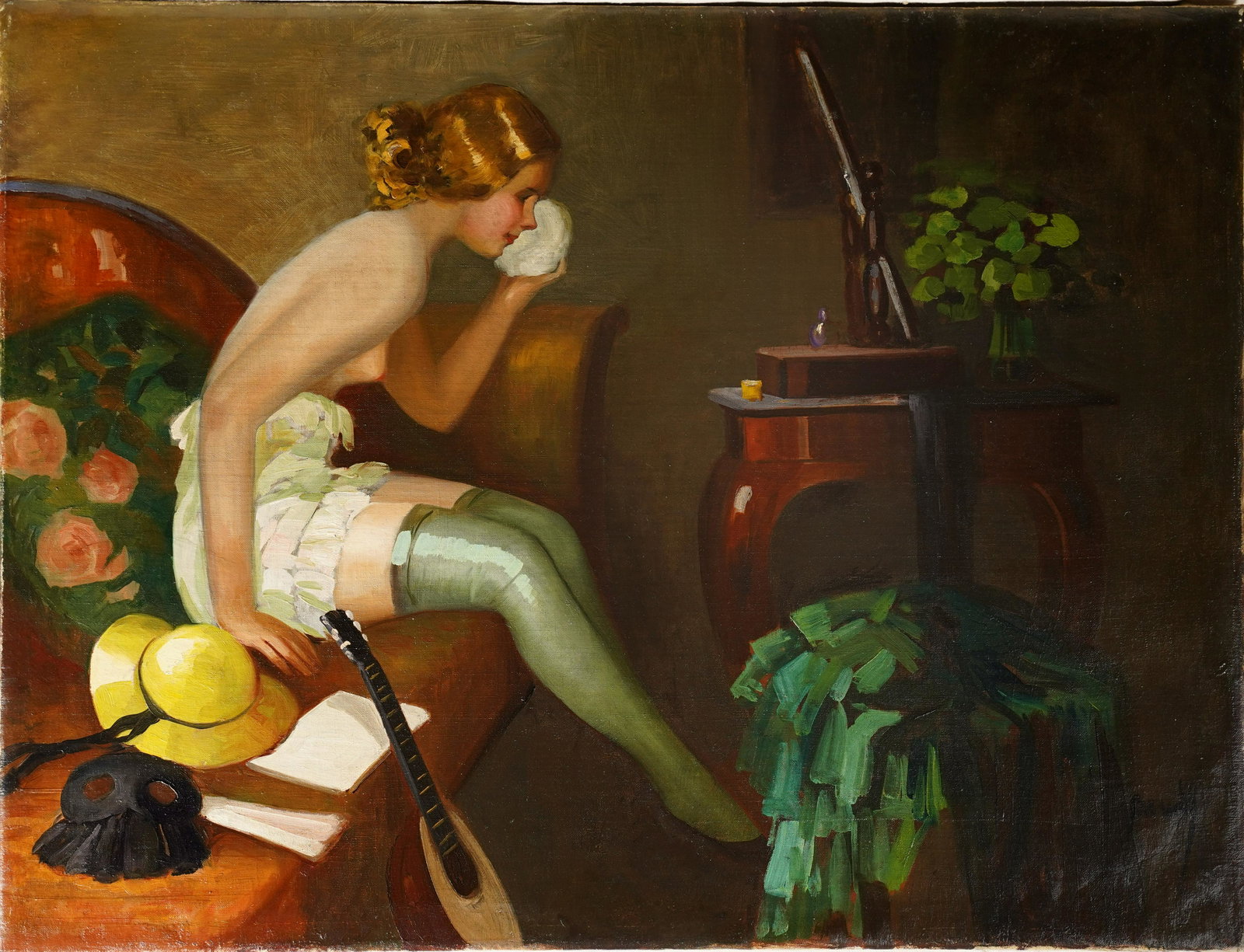 Antique American School Young Female Nude Woman Portrait Interior Scene Oil Painting: Oil on canvas. Image size, 32L x 24H.