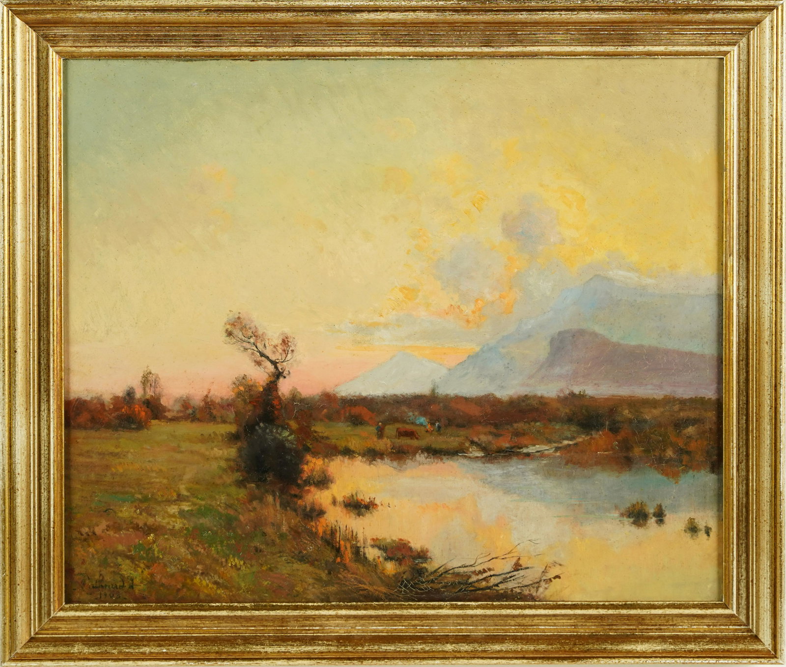 Signed Finely Painted European Sunset Landscape Framed Oil Painting (1 of 6)