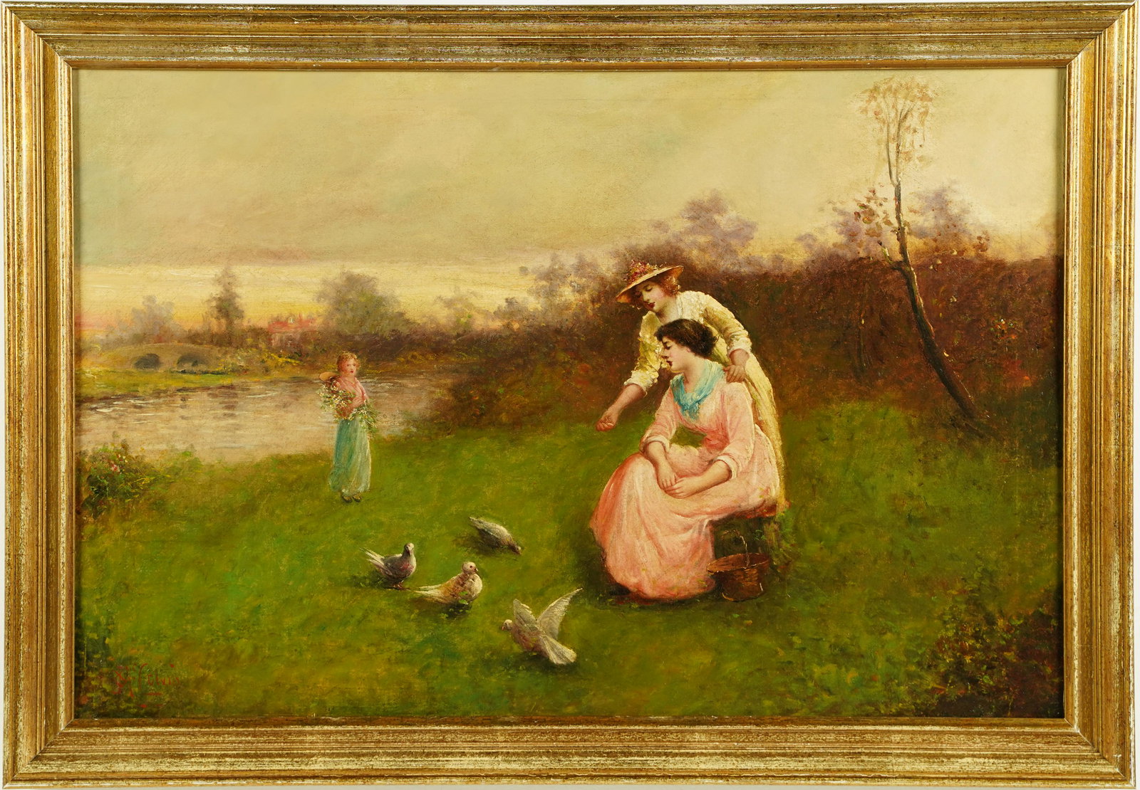 J. M. Colvin Signed European Genre Scene Sunset Landscape Women Feeding Birds Oil Painting (1 of 6)