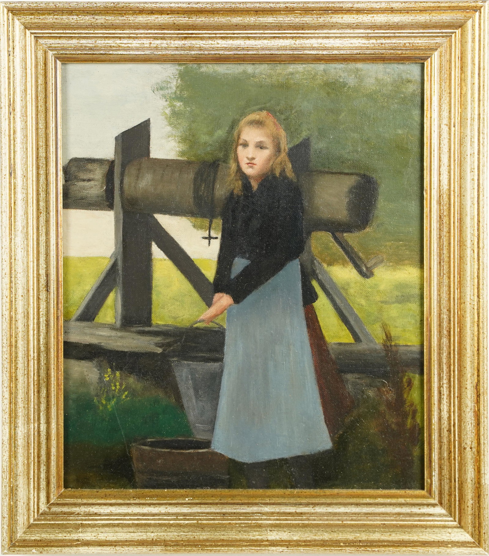 Antique European Impressionist Water Well Landscape with Figure Framed Oil Painting: Oil on canvas. Framed. Image size, 14H x 12L.