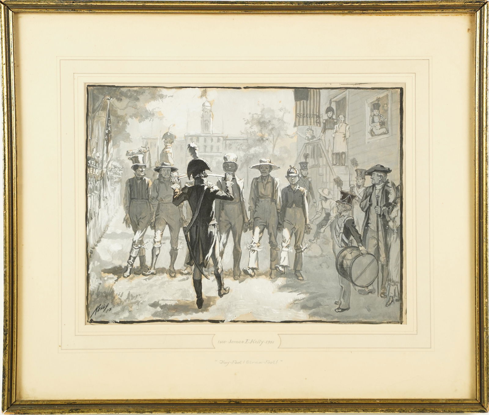 Antique Signed James Edward Kelly American Military Historical Landscape Painting: Watercolor and gouache on board. Framed. Signed. Image size, 13L x 10H.