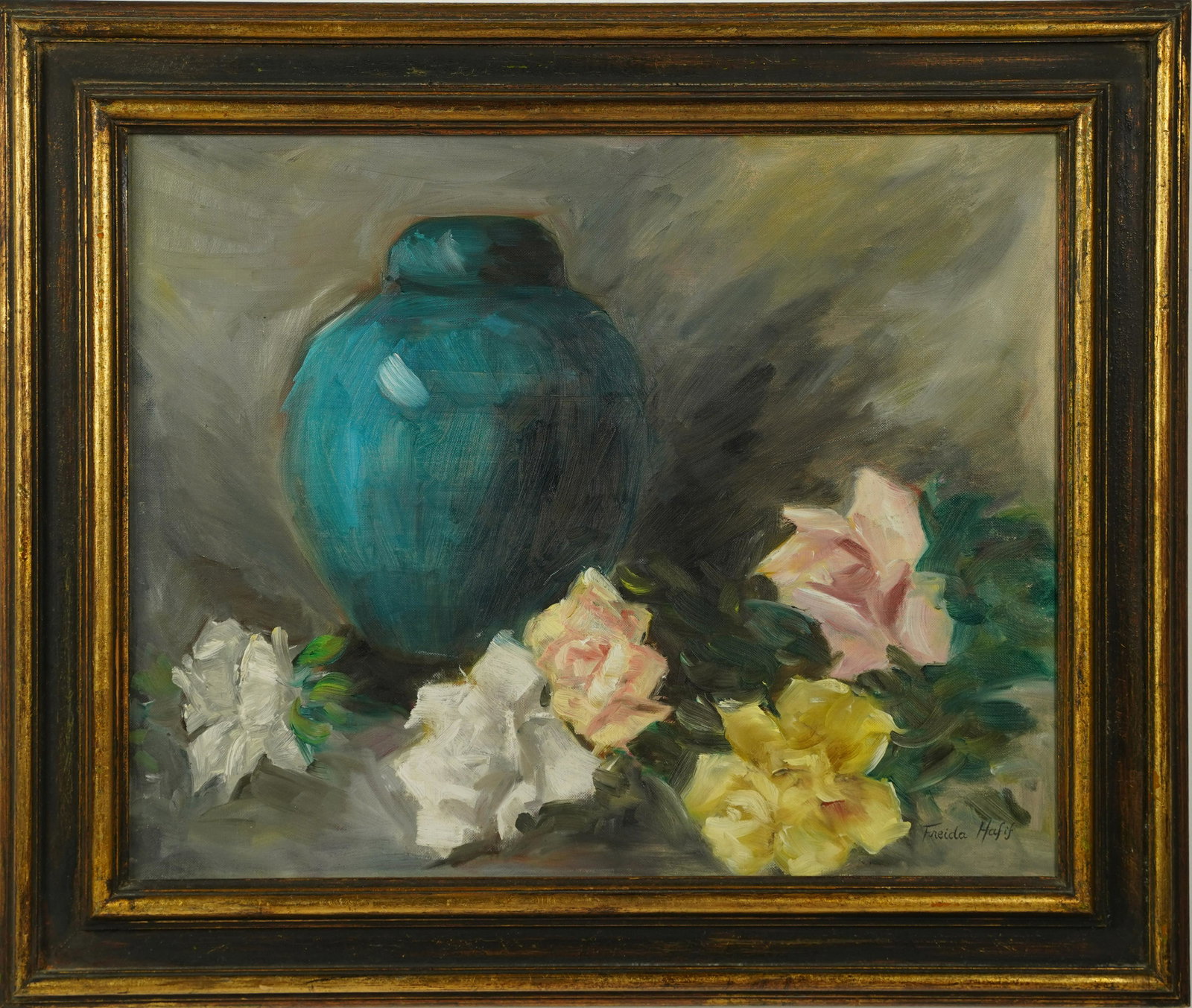 Antique American Female Impressionist Rose Still Life Framed Oil Painting: Oil on board. Signed. Framed. Image size, 20L x 16H.
