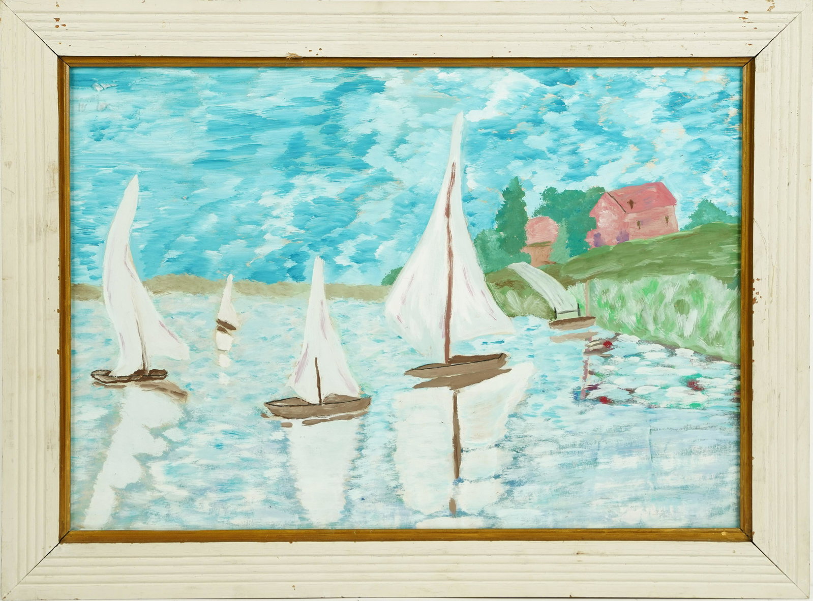 Antique American School Outsider Seascape Sailboat Framed Oil Painting: Oil on board. Framed. Image size, 23.5L x 16.5H.