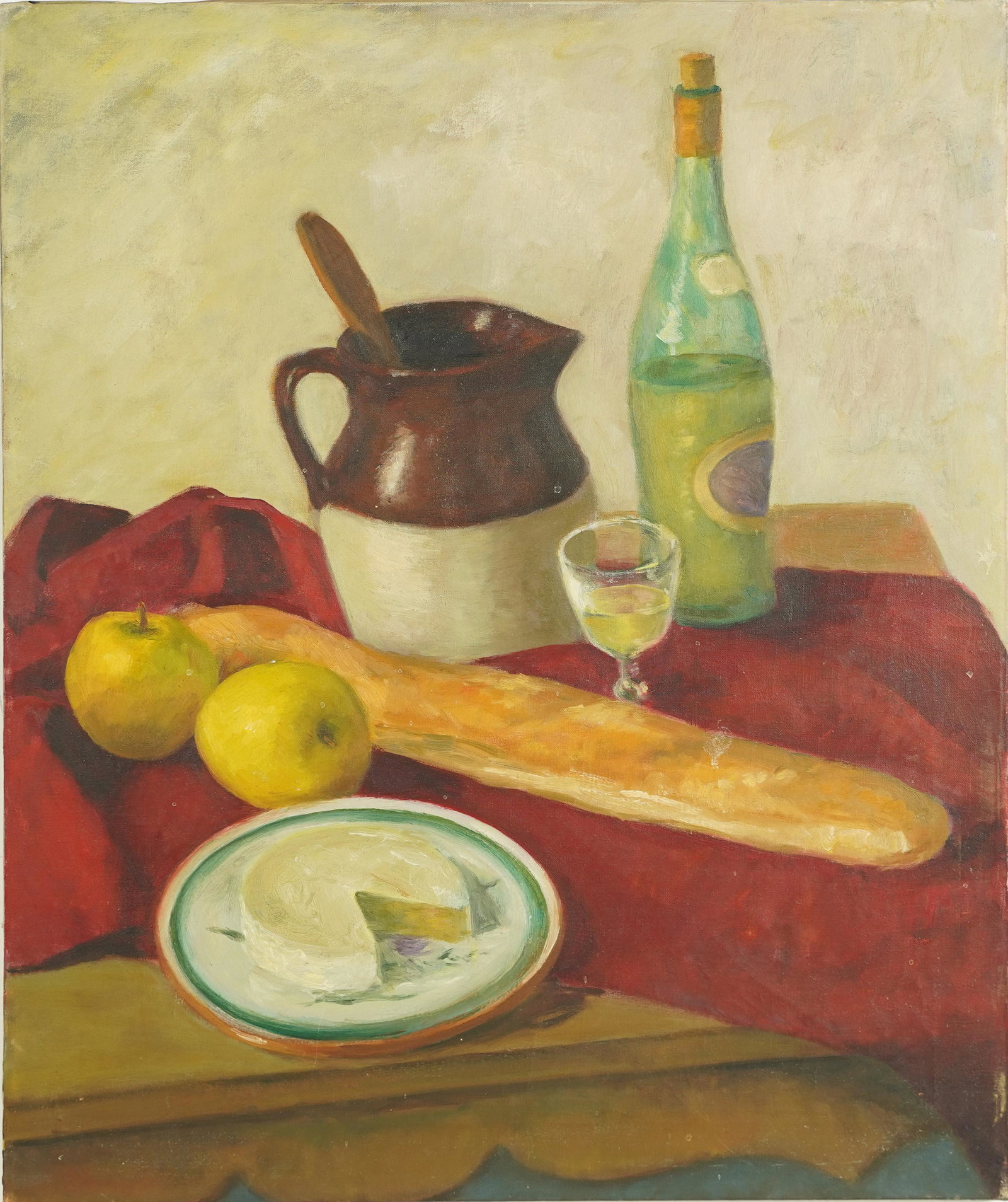 Antique Paris School French Impressionist Still Life Wine and Cheese Oil Painting: Oil on canvas. Image size, 24H x 20L.