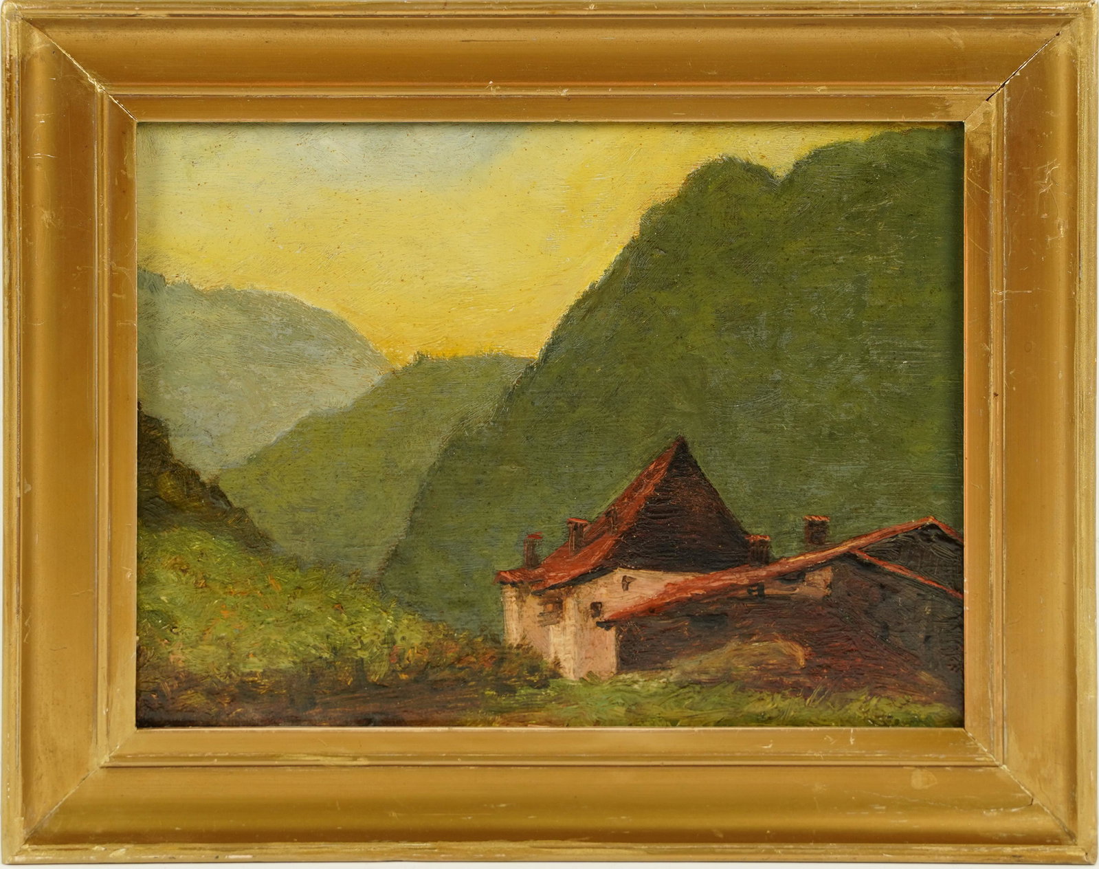 Antique French Impressionist Sunset Mountain Landscape Framed Oil Painting: Oil on board. Framed. Image size, 10L x 8H.
