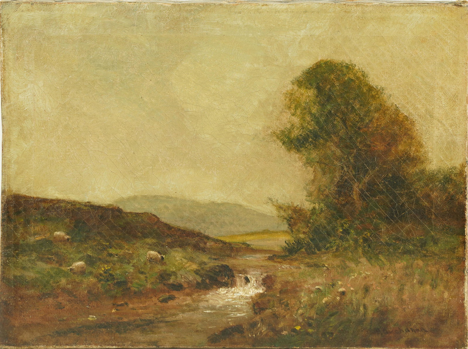 Antique American School Signed Sheep Grazing River Landscape Oil Painting (1 of 5)