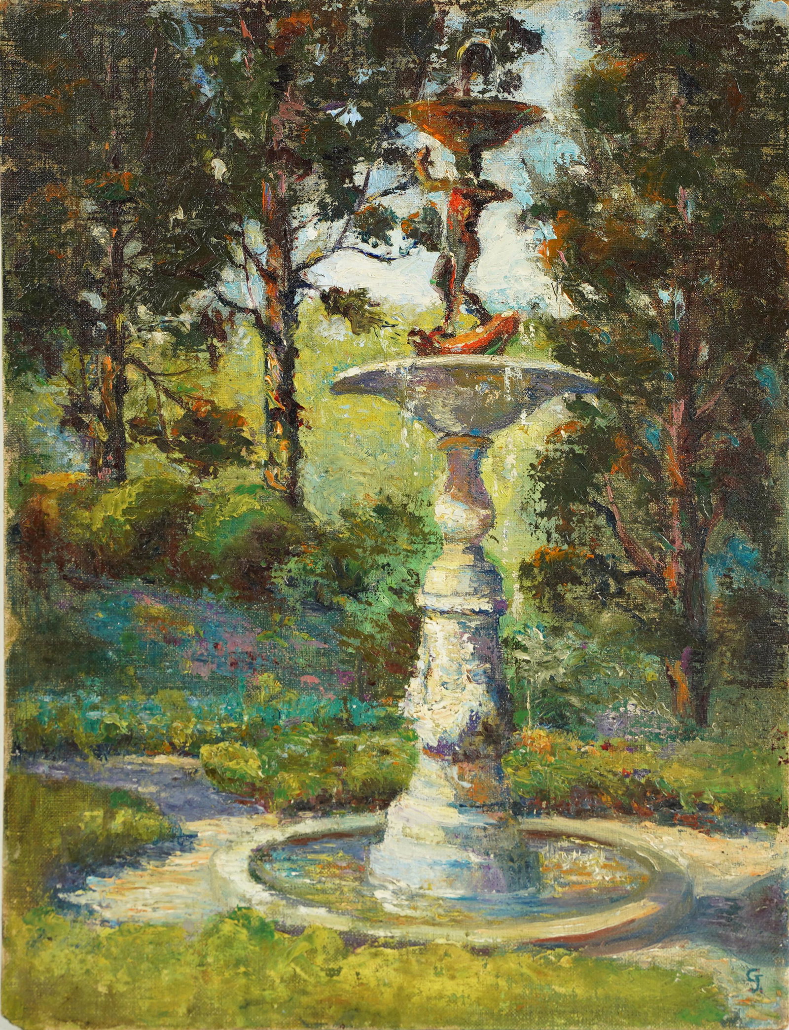 Antique American School Monogrammed Impressionist Park Landscape Oil Painting (1 of 5)