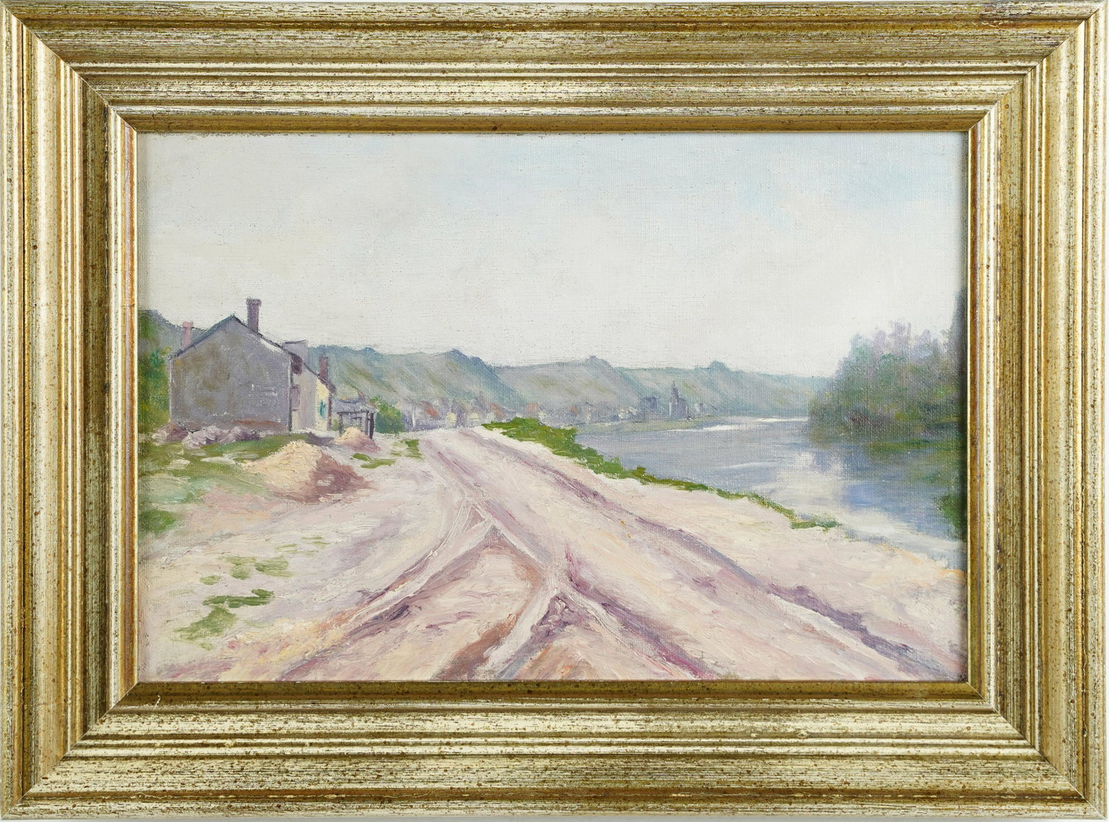 Antique French Impressionist Coastal River Landscape Framed Oil Painting: Oil on canvas. Framed. Image size, 13L x 8.75H.