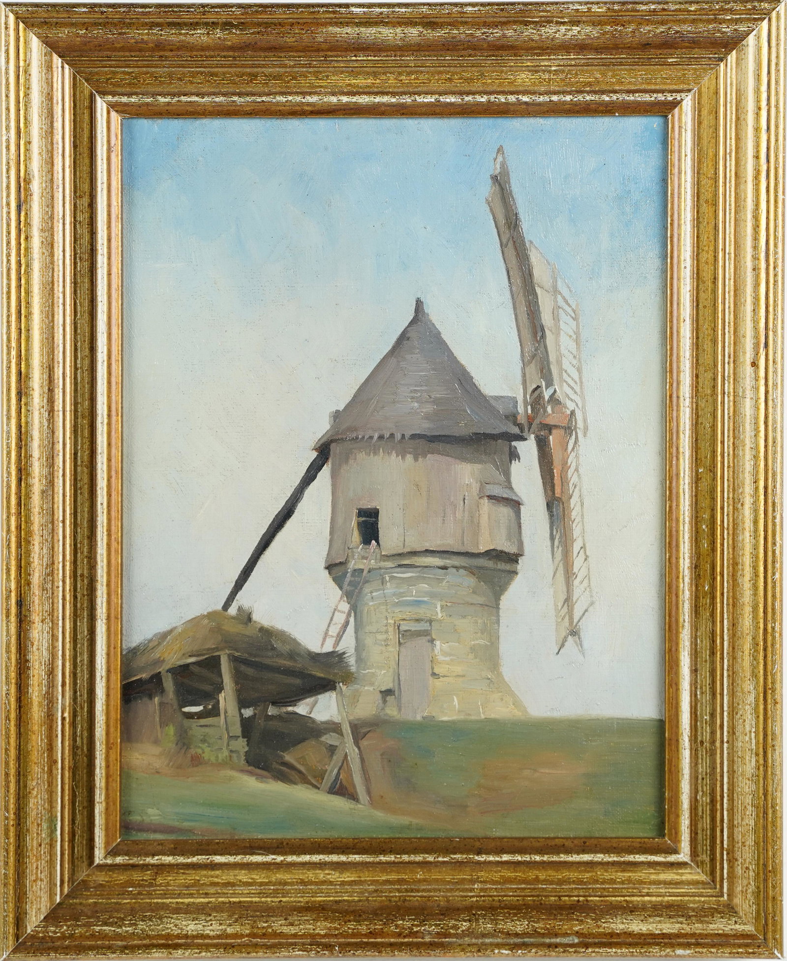 Antique European Impressionist Windmill Landscape Framed Oil Painting: Oil on canvas. Framed. Image size, 13H x 9.75L.