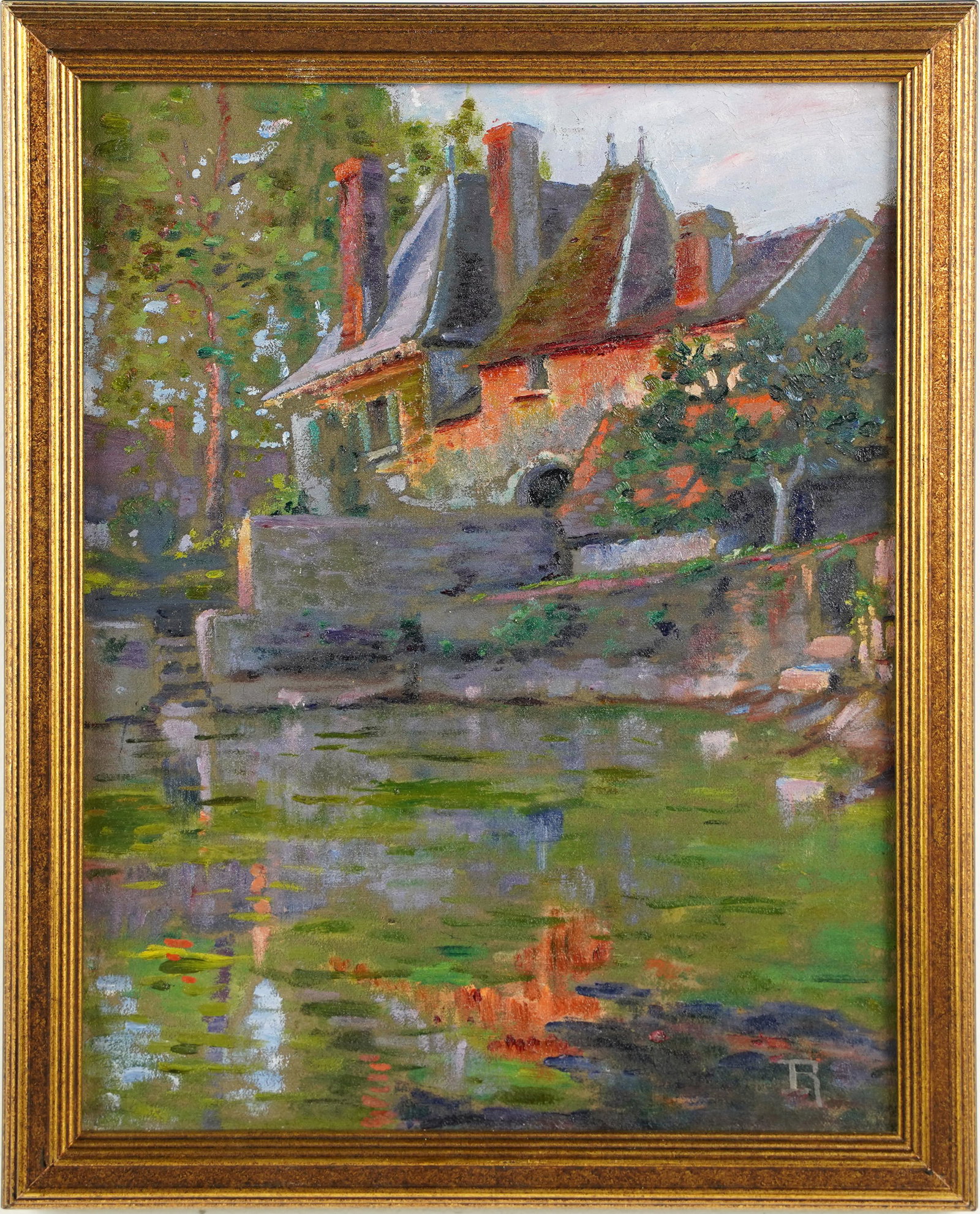Antique French Impressionist Landscape Impressive Castle Chateau Signed Oil Painting: Oil on canvas. Framed. Signed in monogram. Image size, 10.75L x 14H.