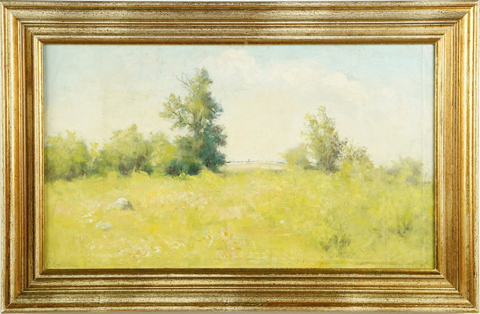 Delicate American Impressionist Landscape Oil Painting: Oil on canvas. Framed. Image size,19L x 11H.