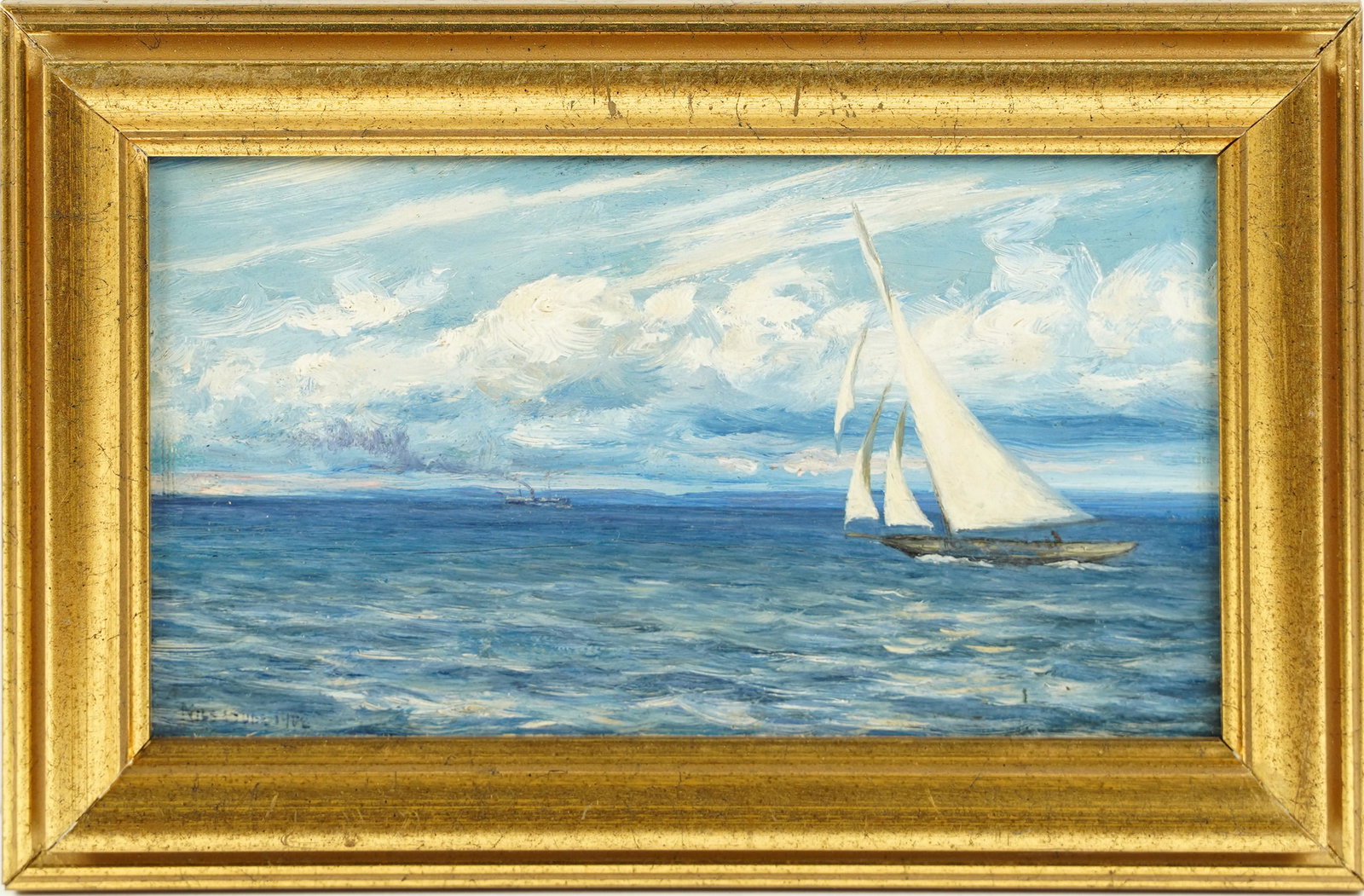 Antique American School Impressionist Sailboat Race Seascape Framed Oil Painting (1 of 5)
