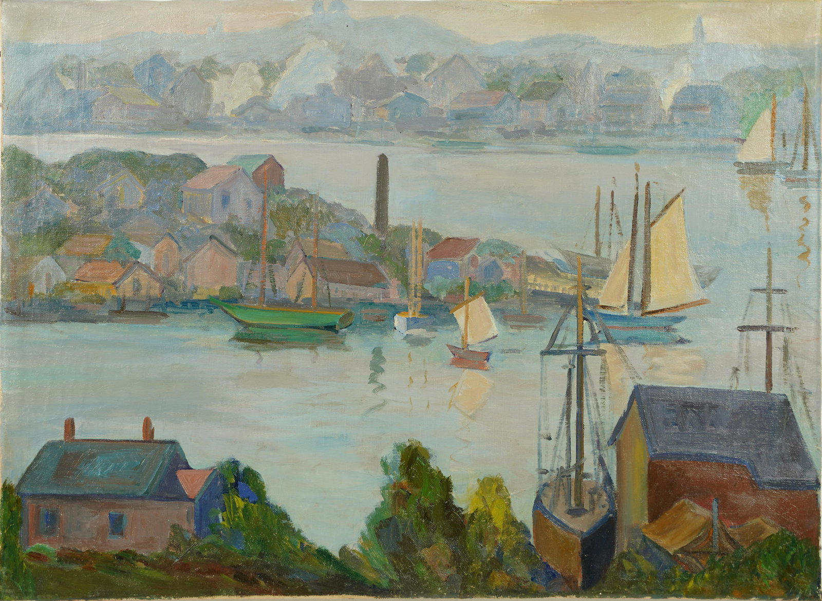 Antique American Impressionist Gloucester Harbor Seascape Fishing Village Oil Painting Gruppe Circle: Oil on canvas. Image size, 26L x 19H.