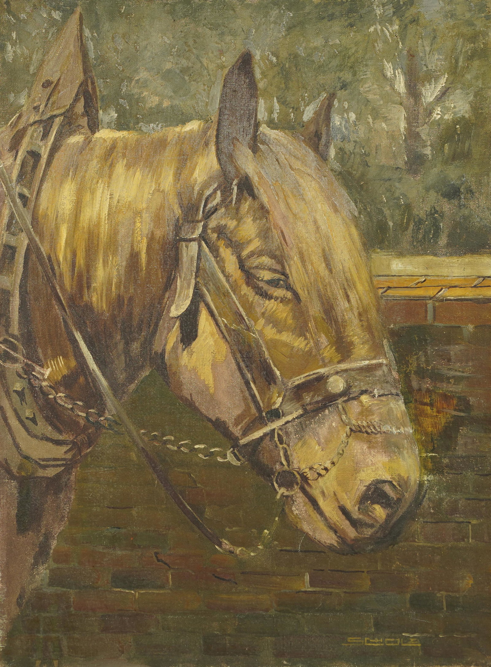 Antique American Impressionist Horse Head Portrait Oil Painting: Oil on canvas. Image size, 14L x 19H.
