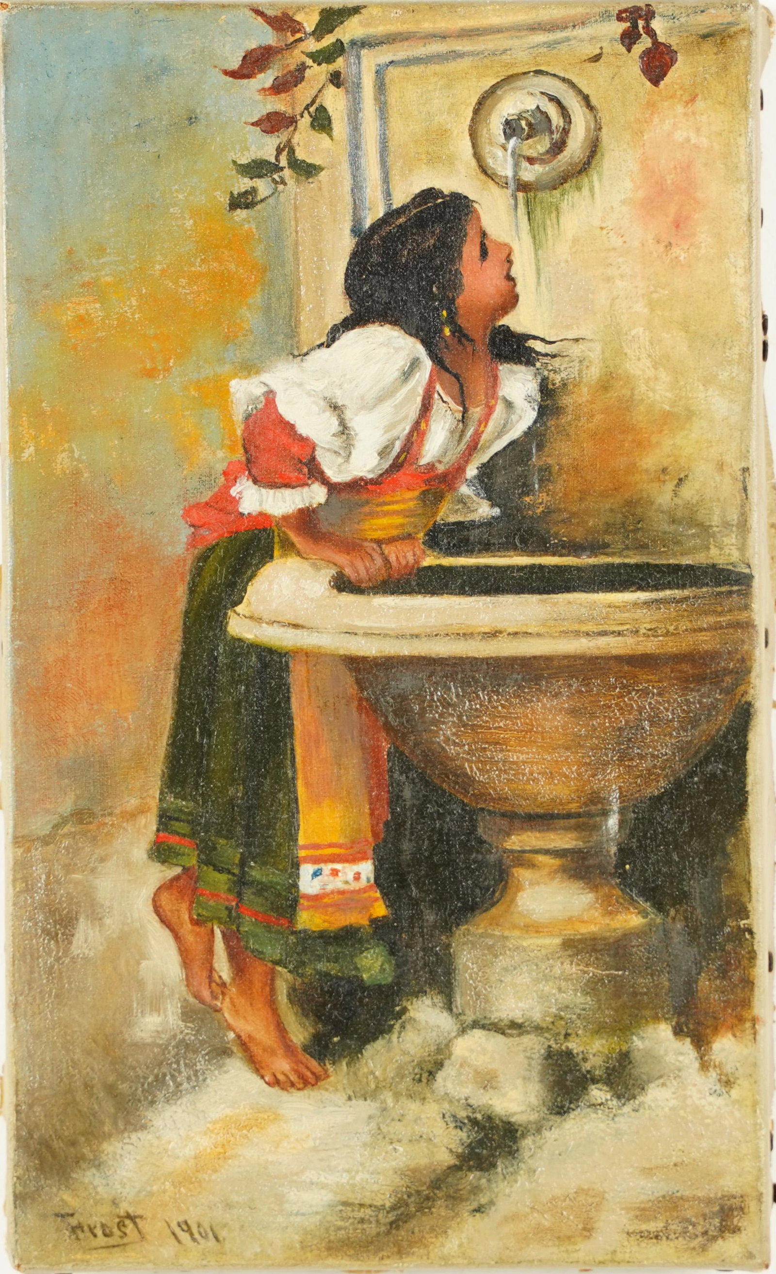 Antique Italian Impressionist Girl Drinking at Fountain Original Oil Painting Signed Frost: Image size, 6L x 10H.