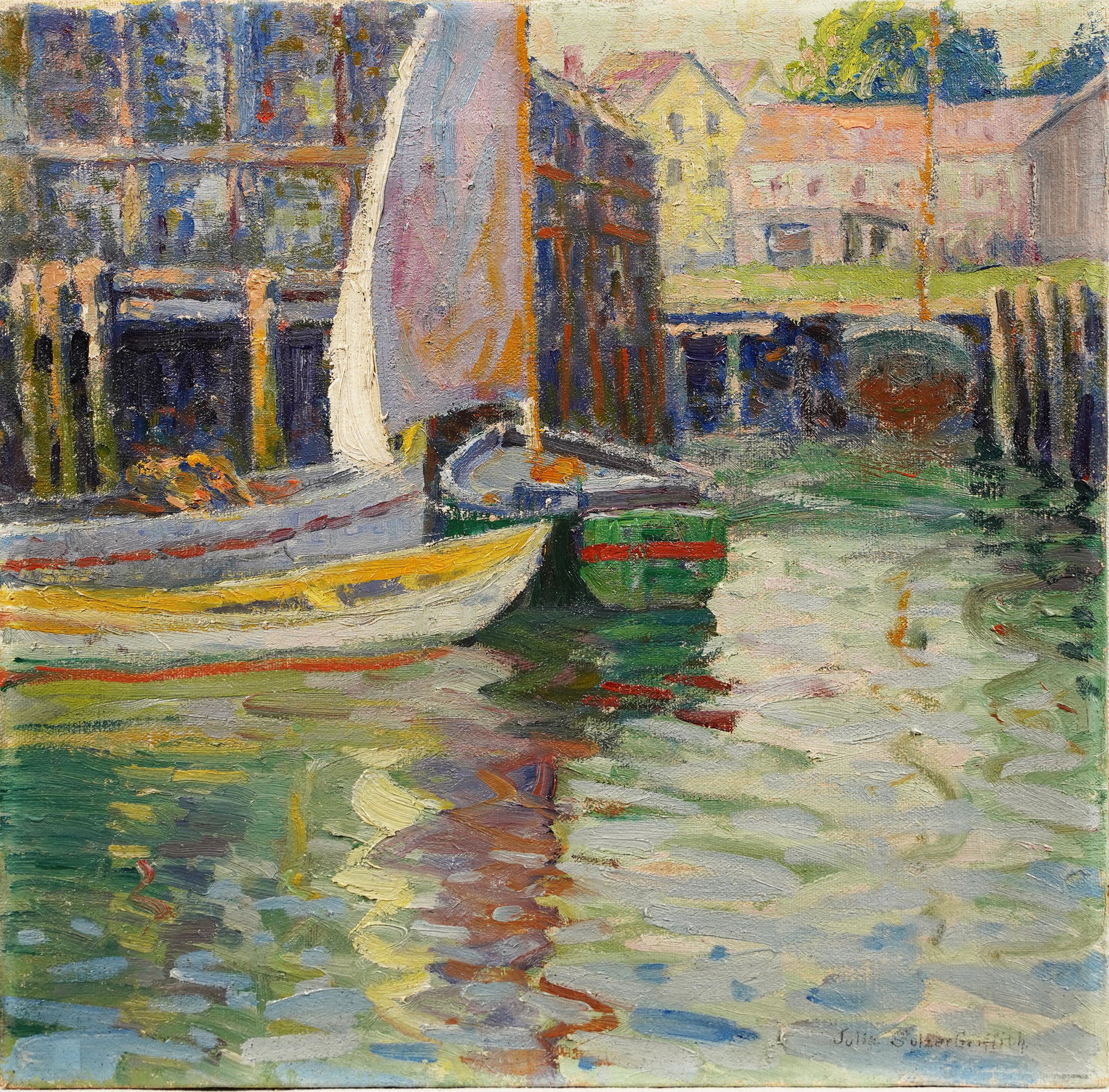 Exhibited Chicago Woman Artist Signed Impressionist 1922 Harbor Scene Oil Painting (1 of 5)