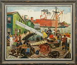 Michael F. Kelly Signed Gloucester Harbor Impressionist Unloading Boats Framed Oil Painting