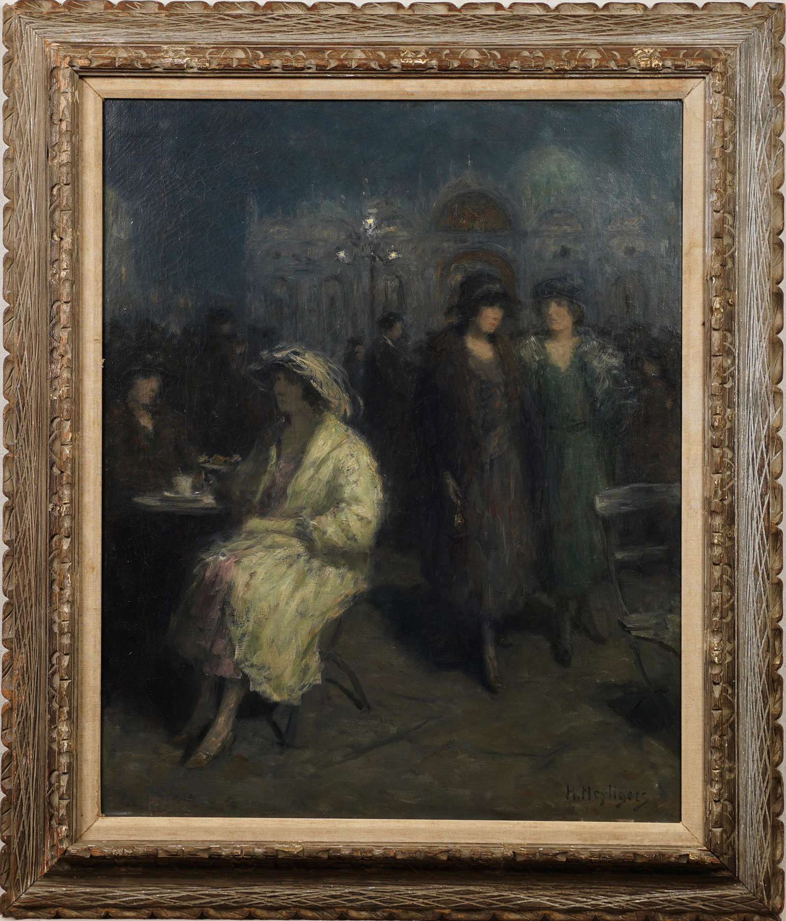 Hendrik Heyligers Rare Elegant Detailed Piazza San Marco Venice High Society Cafe Scene Oil Painting (1 of 6)
