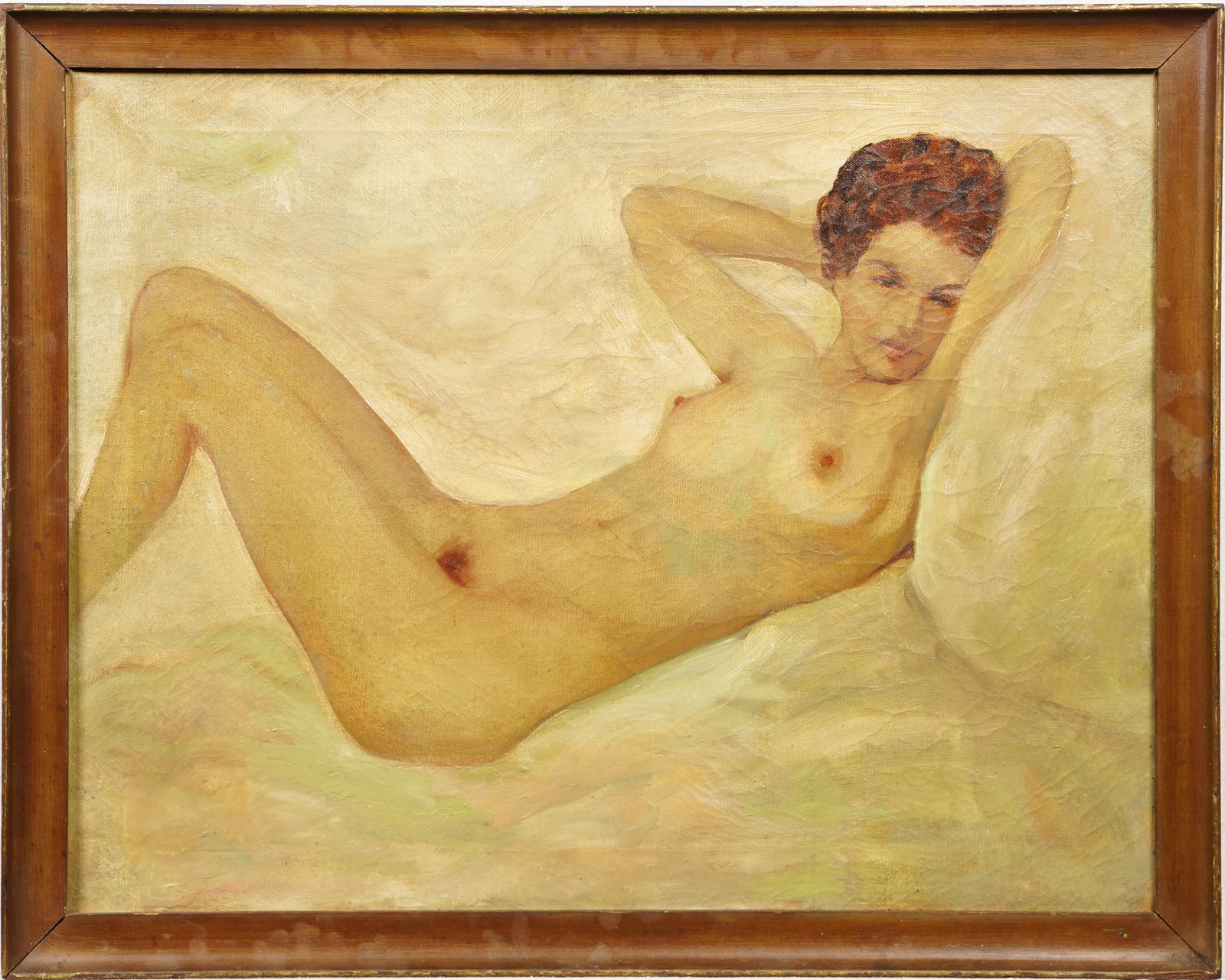 Antique American Impressionist Nude Female Reclining Boudoir Portrait Framed Oil Painting: Oil on canvas. Framed. Image size, 26L x 20H.