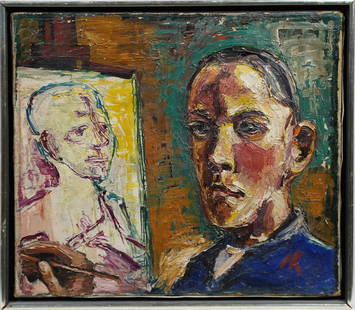 Attributed Oskar Kokoschka Rare Surreal Modernist Artist Studio Oil Painting Portrait: Oil on canvas. Signed front and verso. Provenance labels verso. Image size, 17L x 15.5H.