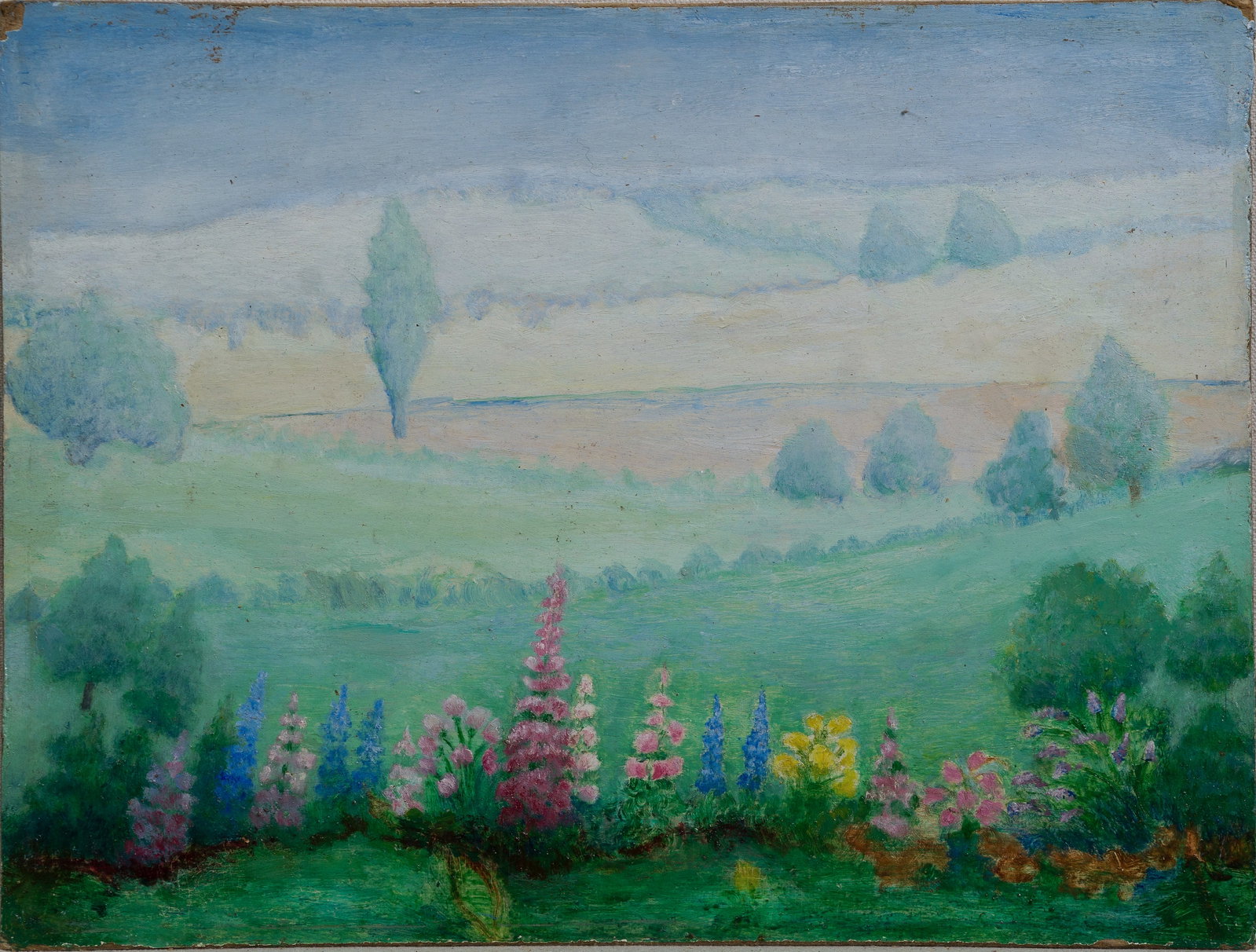 Antique American Impressionist Wild Flower Foggy Landscape Oil Painting: Oil on board. Image size, 12H x 16L. No signature found.