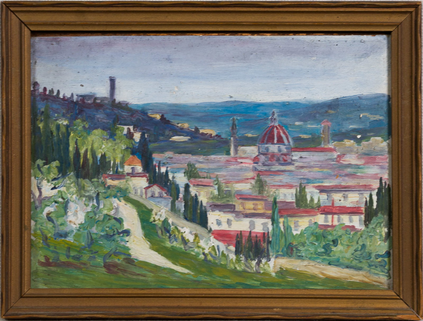 Antique European Village Impressionist Framed Landscape Oil Painting: Oil on board. Image size, 8L x 6H.