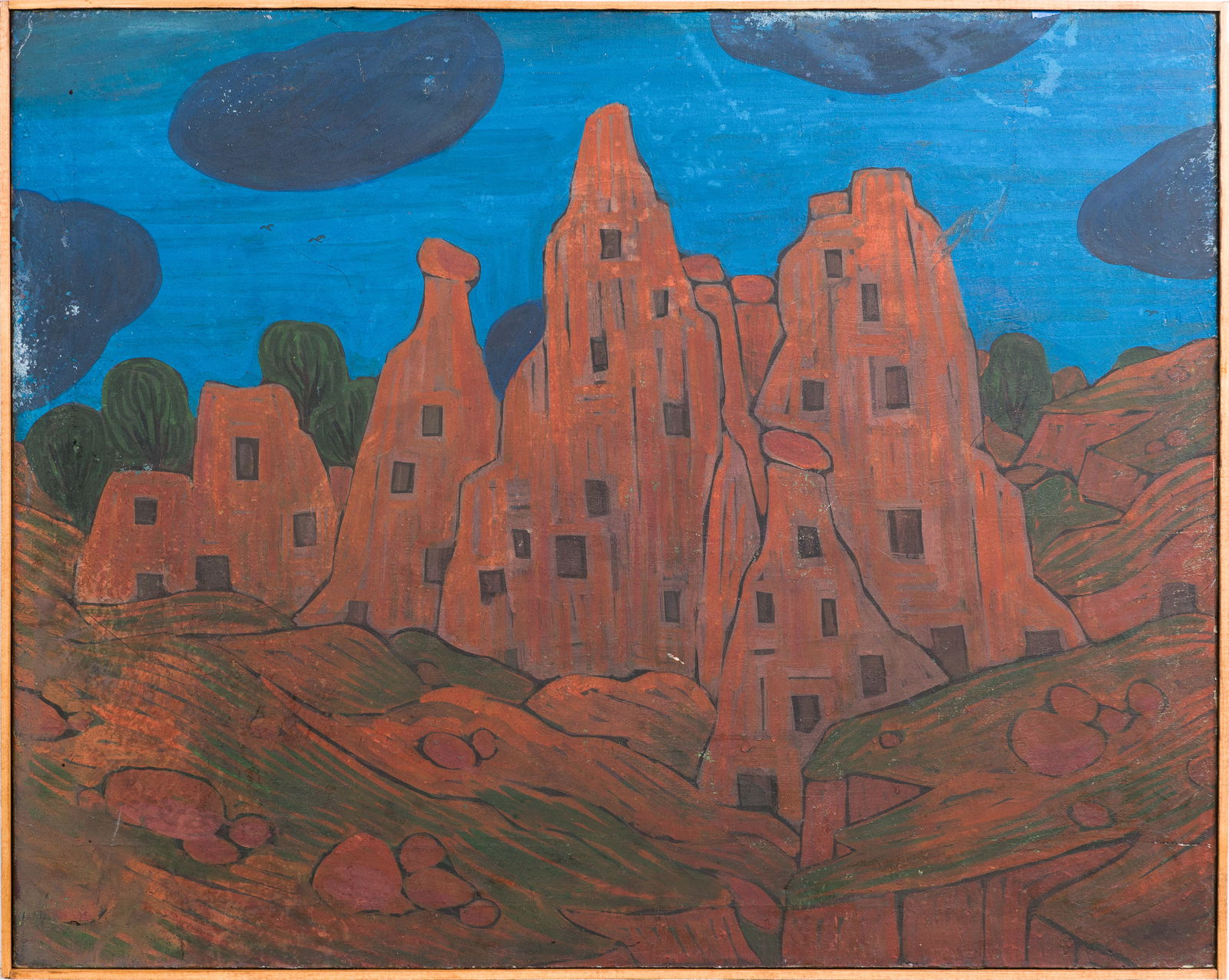 Vintage Taos School Modernist Southwest Adobe Landscape Framed Oil Painting (1 of 5)