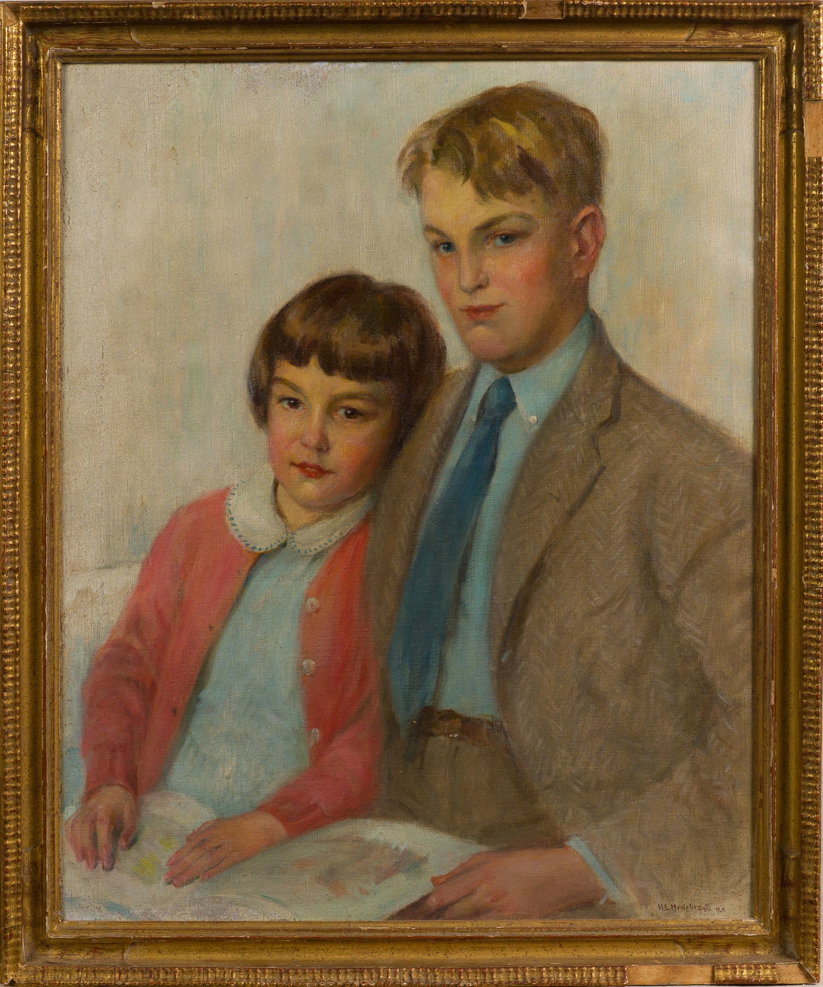 Signed Antique American Impressionist Nicely Framed Family Portrait Oil Painting: Oil on canvas. Framed. Signed. Image size, 28 x 23