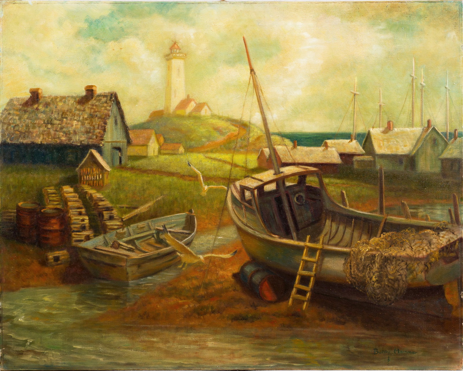 Bunny Hammer Signed New England Fishing Town Antique Impressionist Oil Painting: Oil on canvas. Signed.