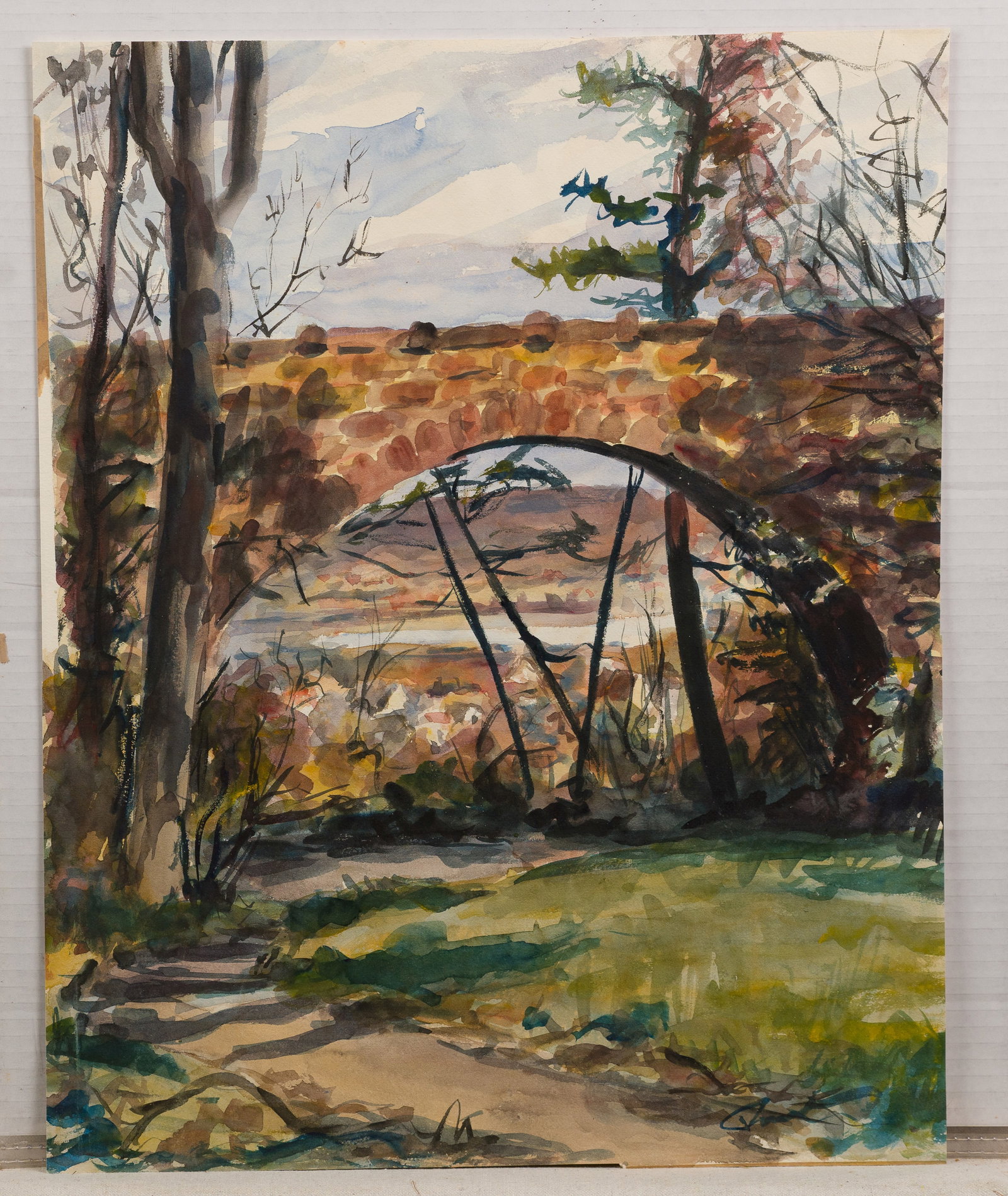 Antique American Impressionist Bridge Landscape Watercolor Painting: Watercolor