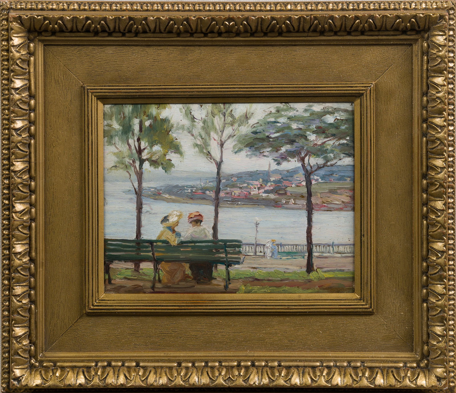 Major American Impressionist High Society Park Bench Nicely Framed Oil Painting (1 of 6)