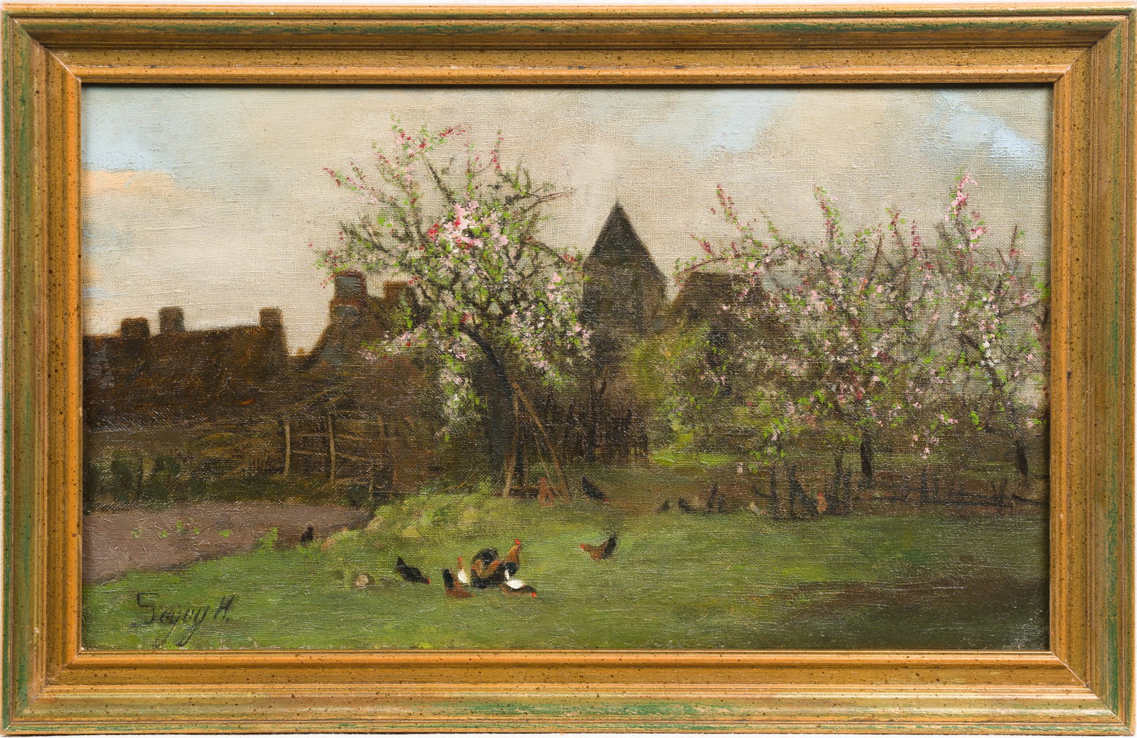 Antique French Impressionist Orchard Farm Chickens Grazing Framed Oil Painting: Oil on canvas. Framed. Signed. Image size, 16L x 10H.