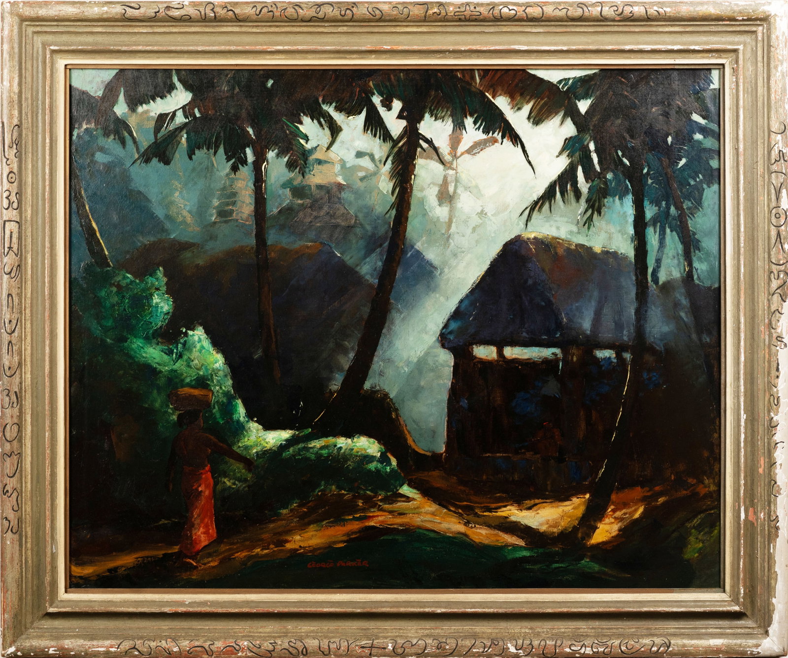 Monumental George Waller Parker 1888-1957 Impressionist Tropical Tahiti Sunrise Oil Painting: Oil on canvas. Framed. Image size, 32L x 39H. THIS IS LARGE PAINTING!! WE CAN SEND UNFRAMED FOR $100. FRAMED PRICE WILL BE BETWEEN $150-$500 DEPENDING ON LOCATION